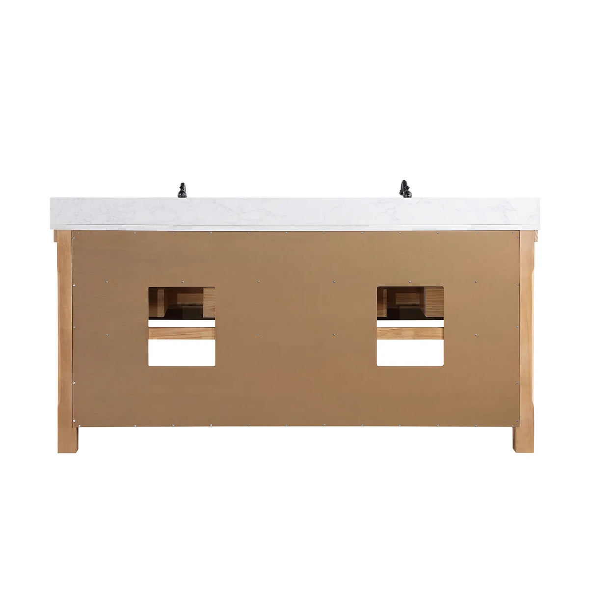 Back of the vanity with the solid back panel and plumbing opening, white background
