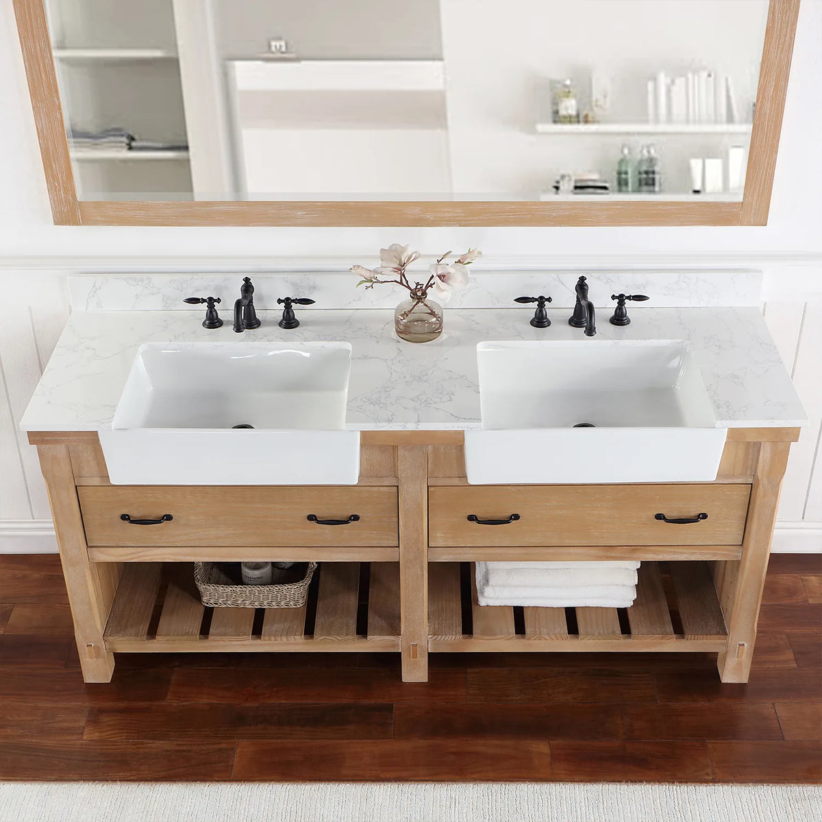 Stone top in a tighter crop, matte black pulls on the drawer fronts below