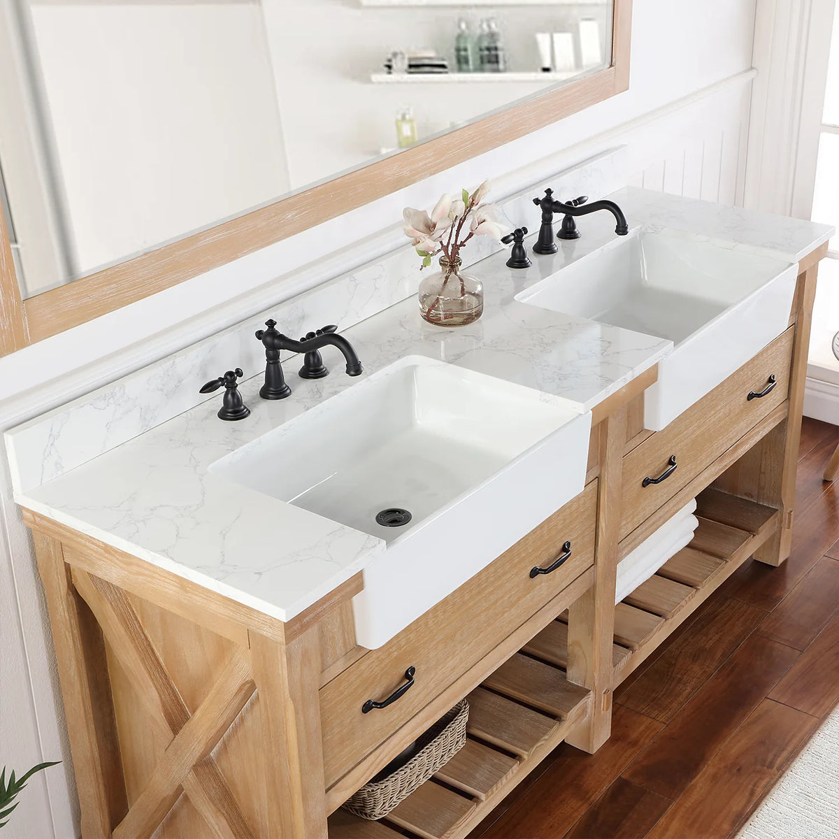 Side-on crop of the backsplash, stone surface and a faucet in black