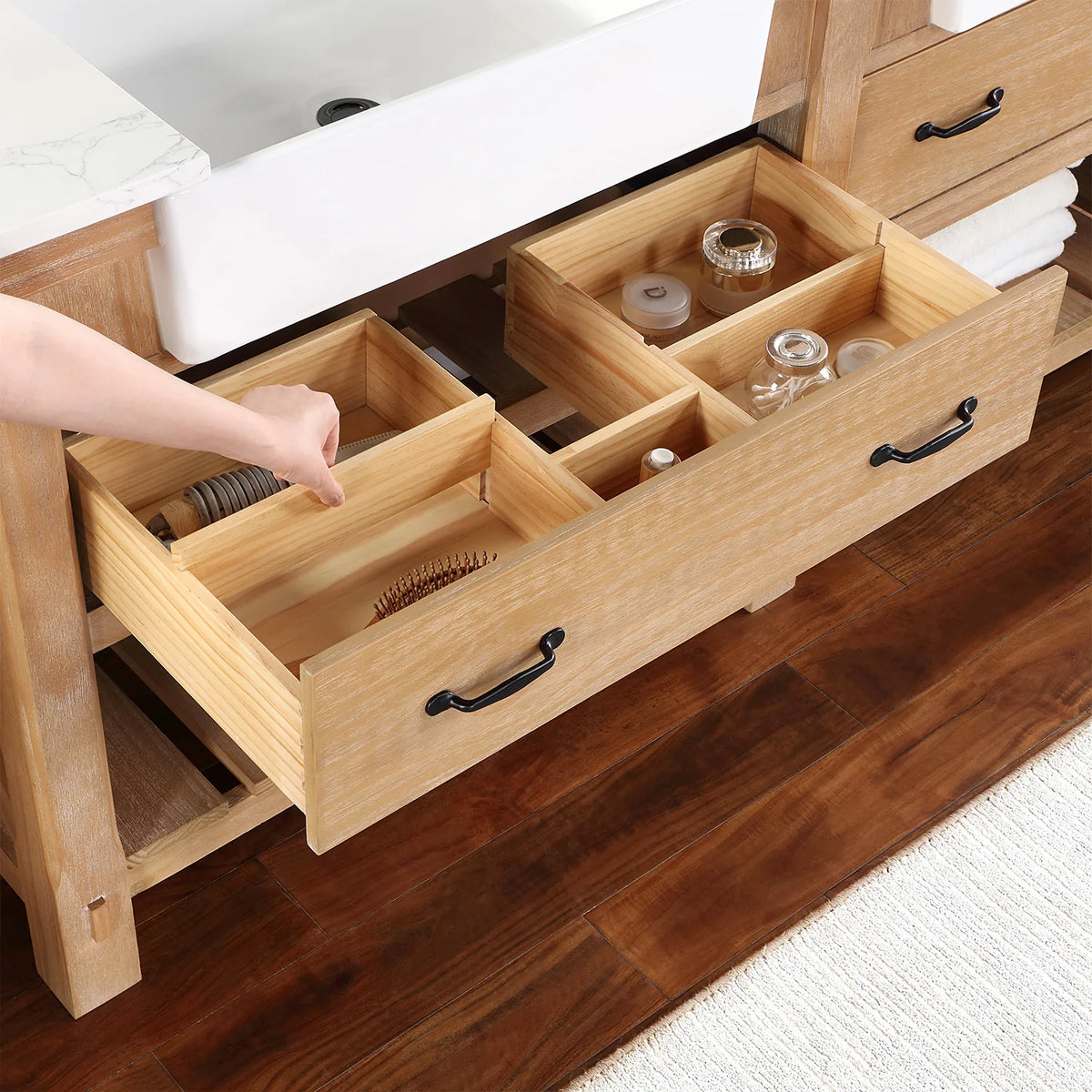 Drawer with movable wood dividers, hand in frame