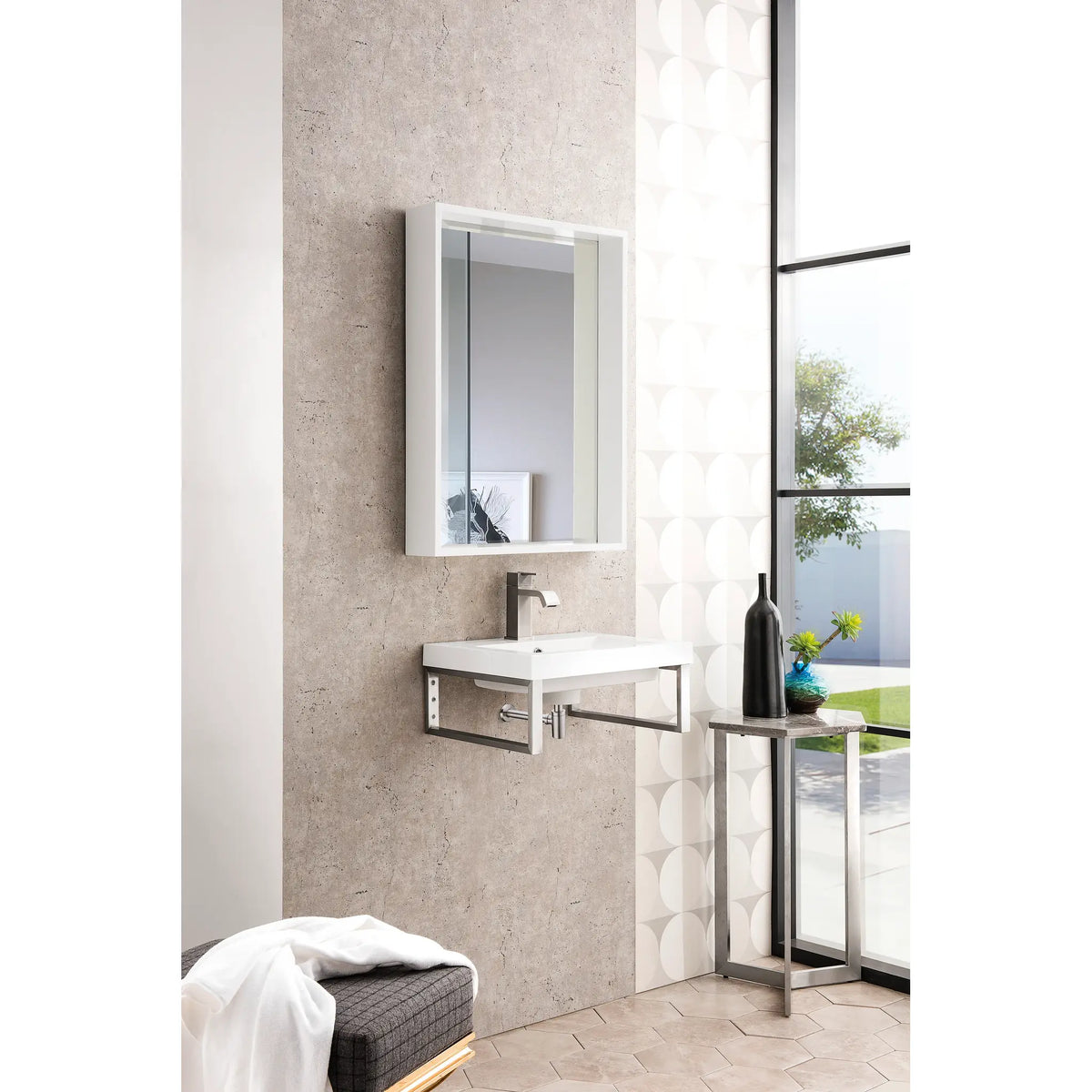 Boston 15.25" Two Wall Brackets w/ 20" White Glossy Composite Stone Top-Brushed Nickel image 2