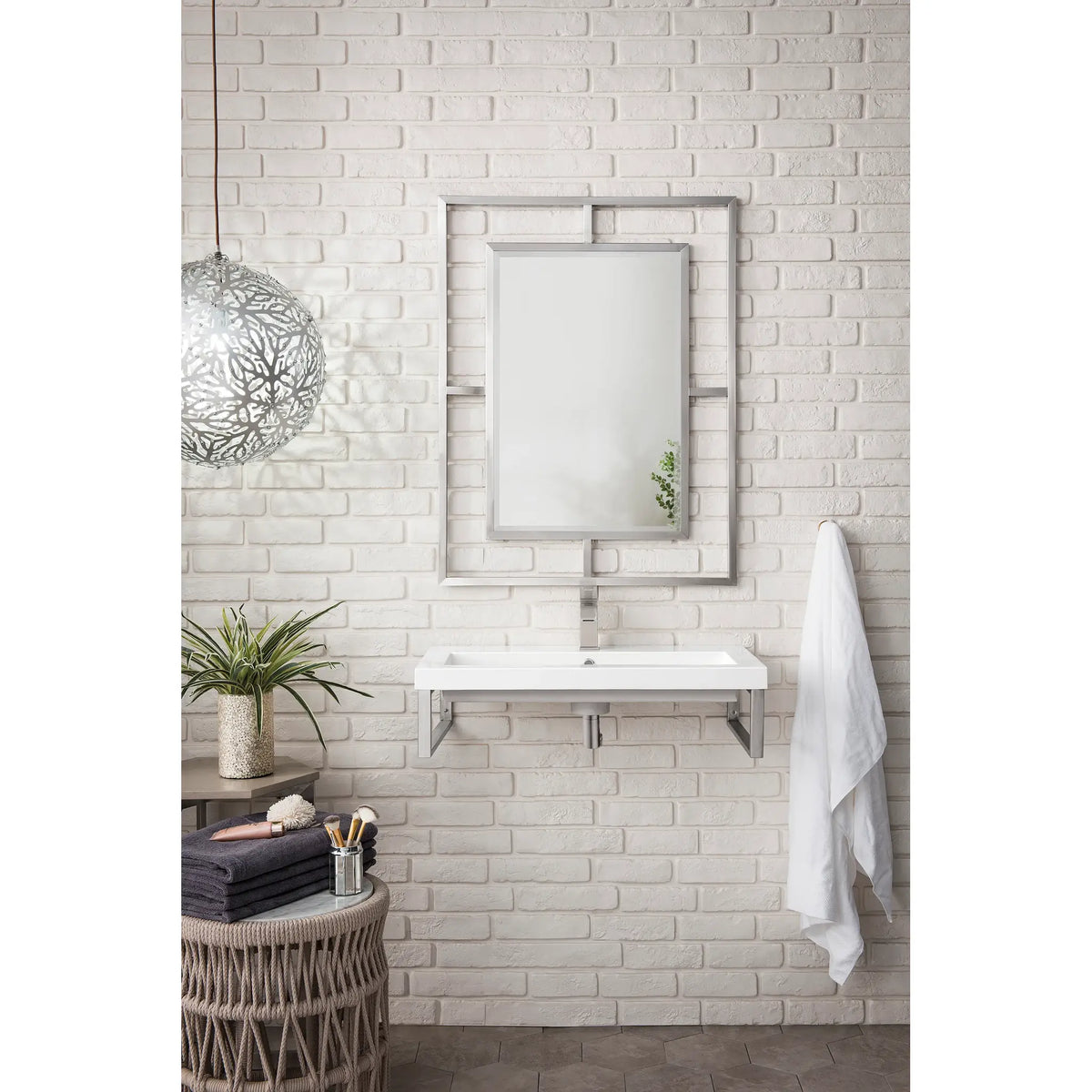 Boston 15.25" Two Wall Brackets w/ 31.5" White Glossy Composite Stone Top-Brushed Nickel image 1
