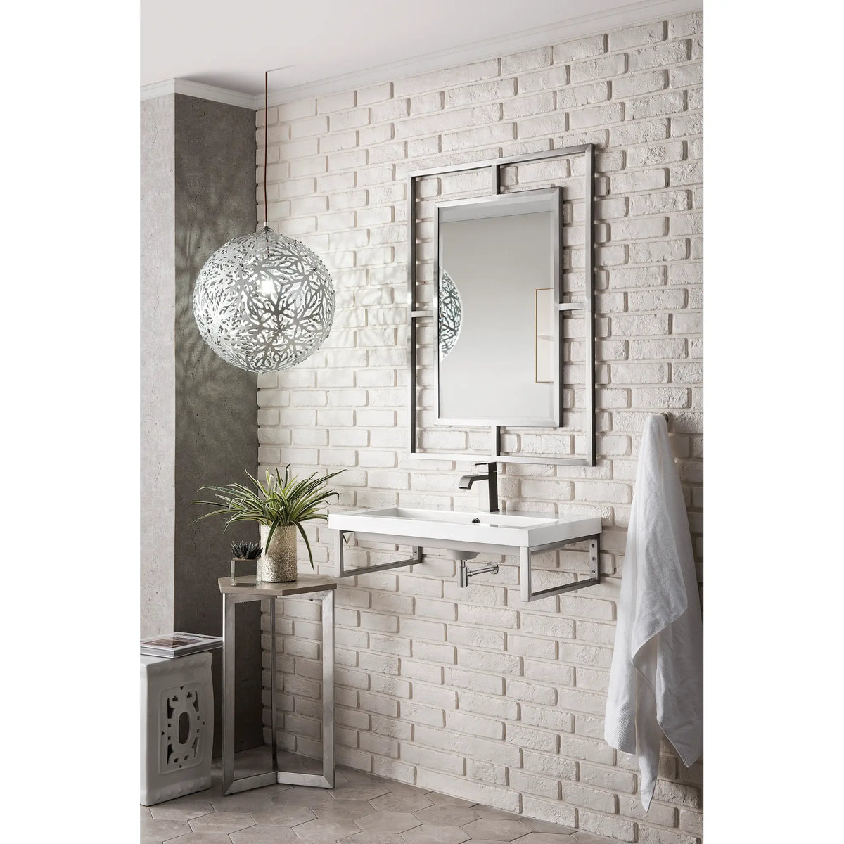 Boston 15.25" Two Wall Brackets w/ 31.5" White Glossy Composite Stone Top-Brushed Nickel image 2