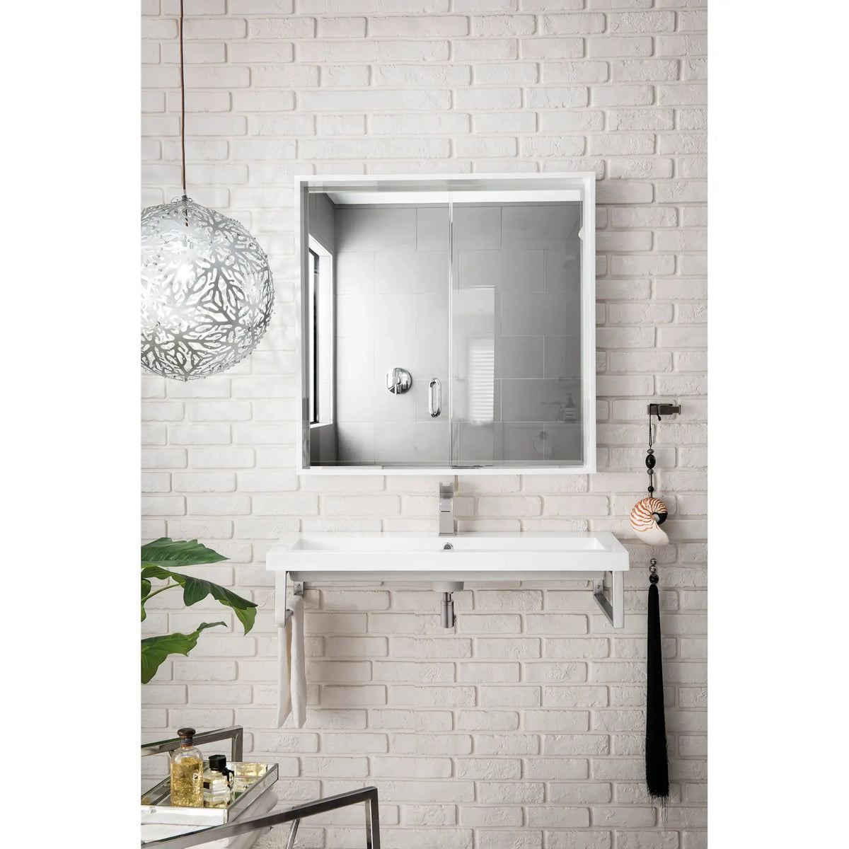 Boston 15.25" Two Wall Brackets w/ 39.5" White Glossy Composite Stone Top-Brushed Nickel image 1