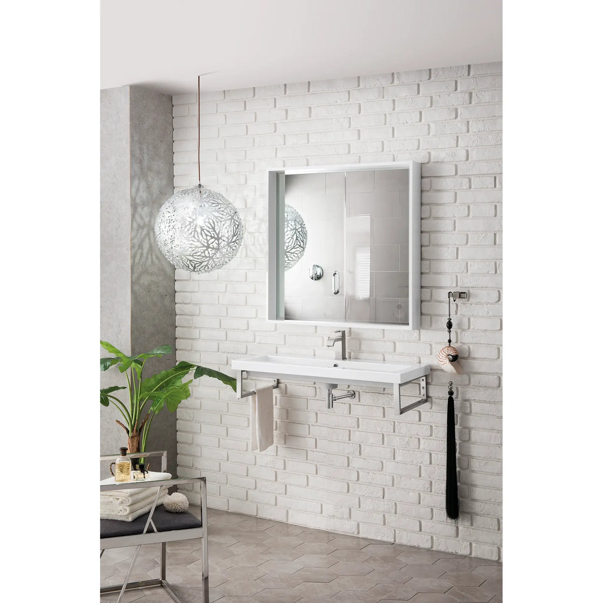 Boston 15.25" Two Wall Brackets w/ 39.5" White Glossy Composite Stone Top-Brushed Nickel image 2