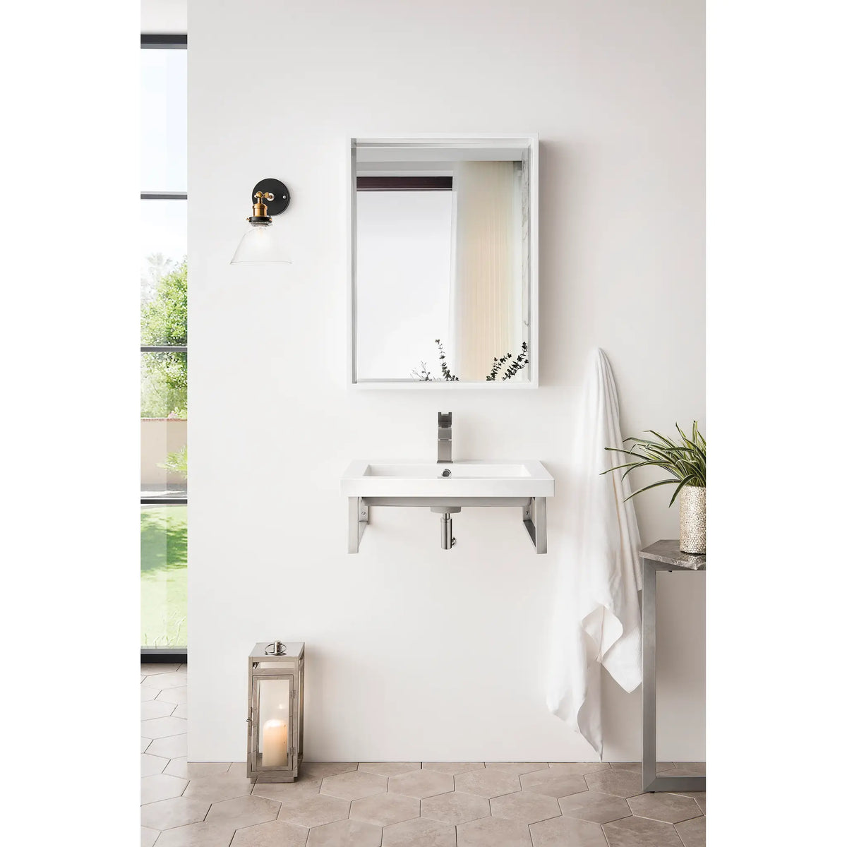 Boston 18" Two Wall Brackets w/ 23.6" White Glossy Composite Stone Top-Brushed Nickel image 1