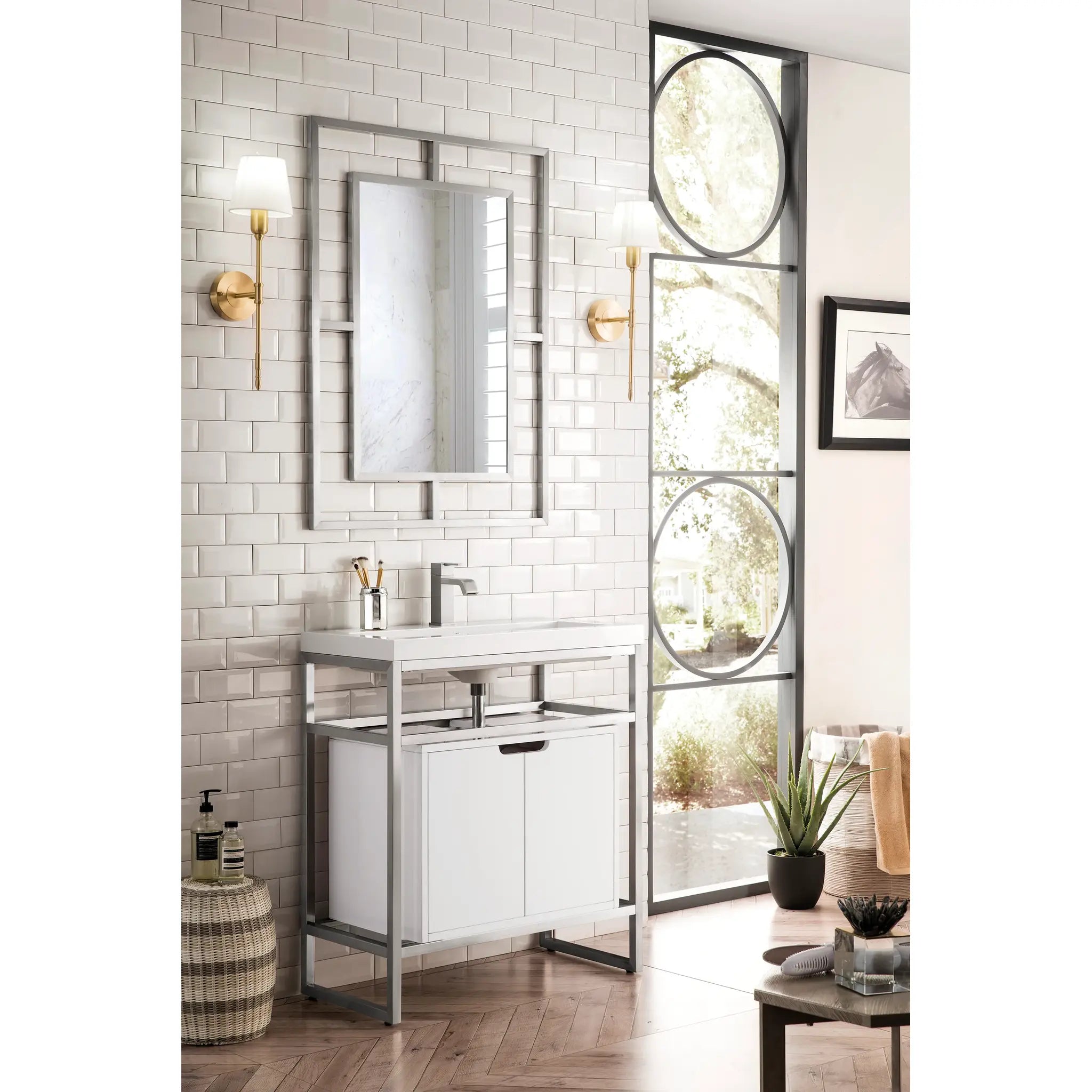 Boston 31.5" Single Console Vanity Gloss White Storage, White Gloss Composite Stone-Brushed Nickel image 2