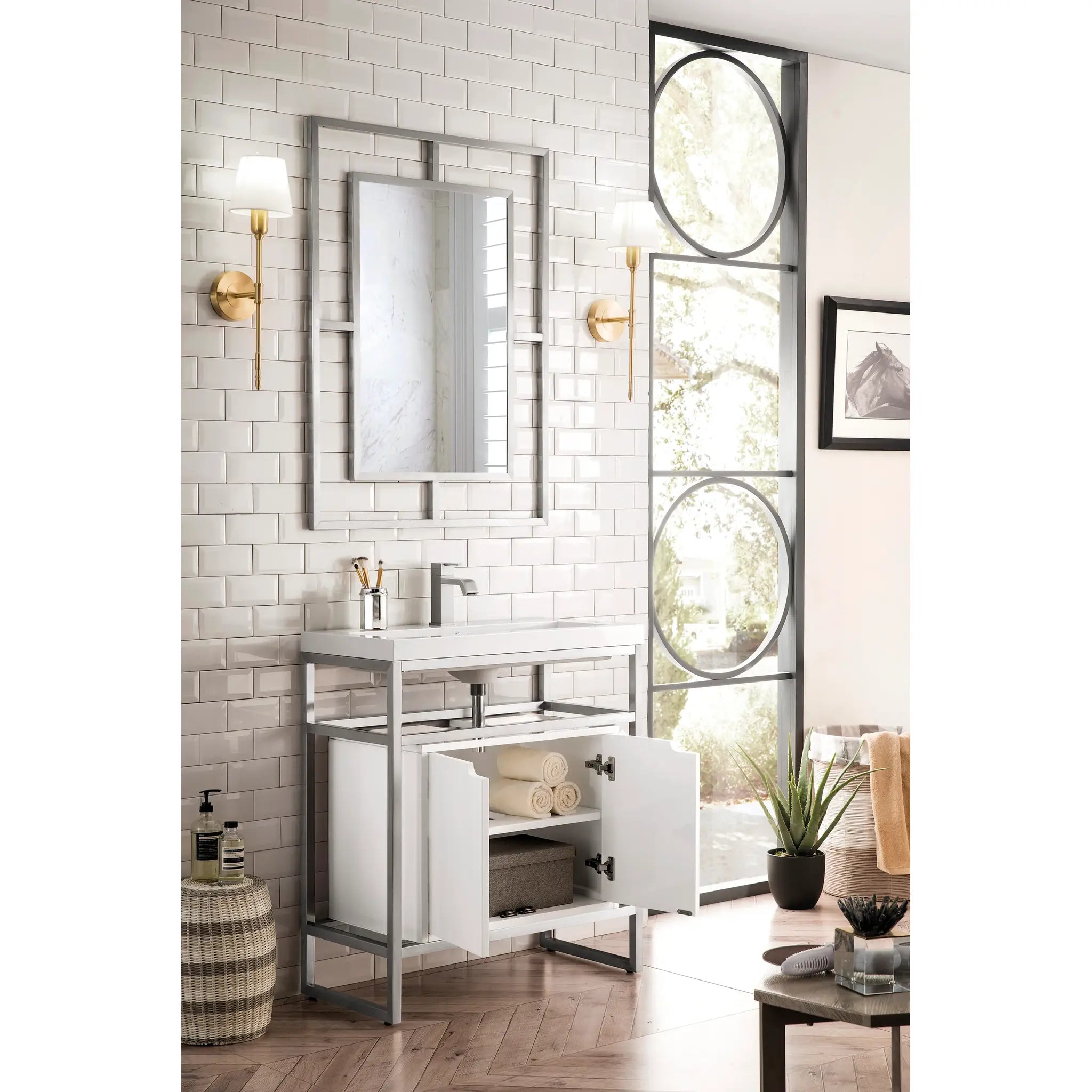 Boston 31.5" Single Console Vanity Gloss White Storage, White Gloss Composite Stone-Brushed Nickel image 3