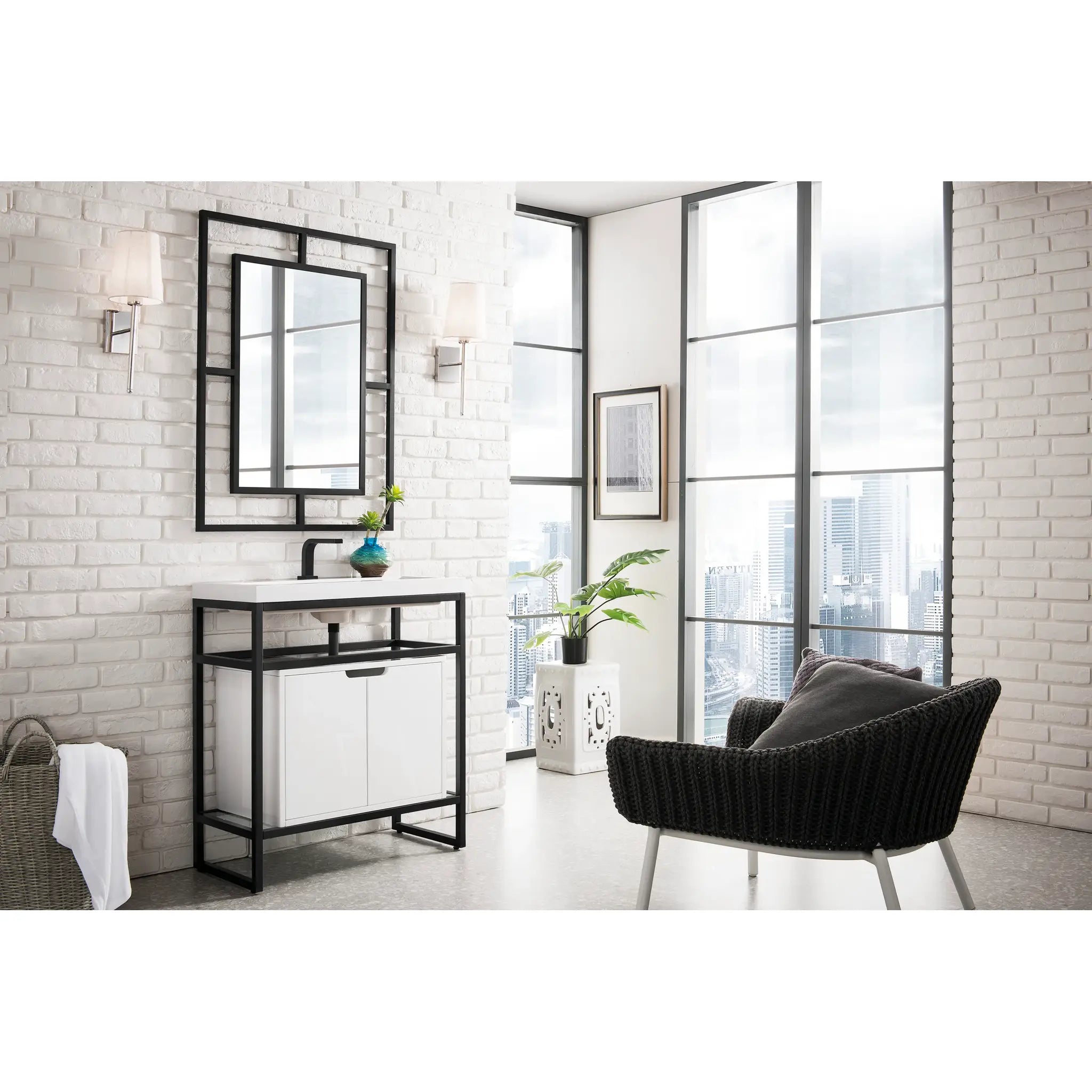 Boston 31.5" Single Console Vanity Gloss White Storage, White Gloss Composite Stone-Matte Black image 2