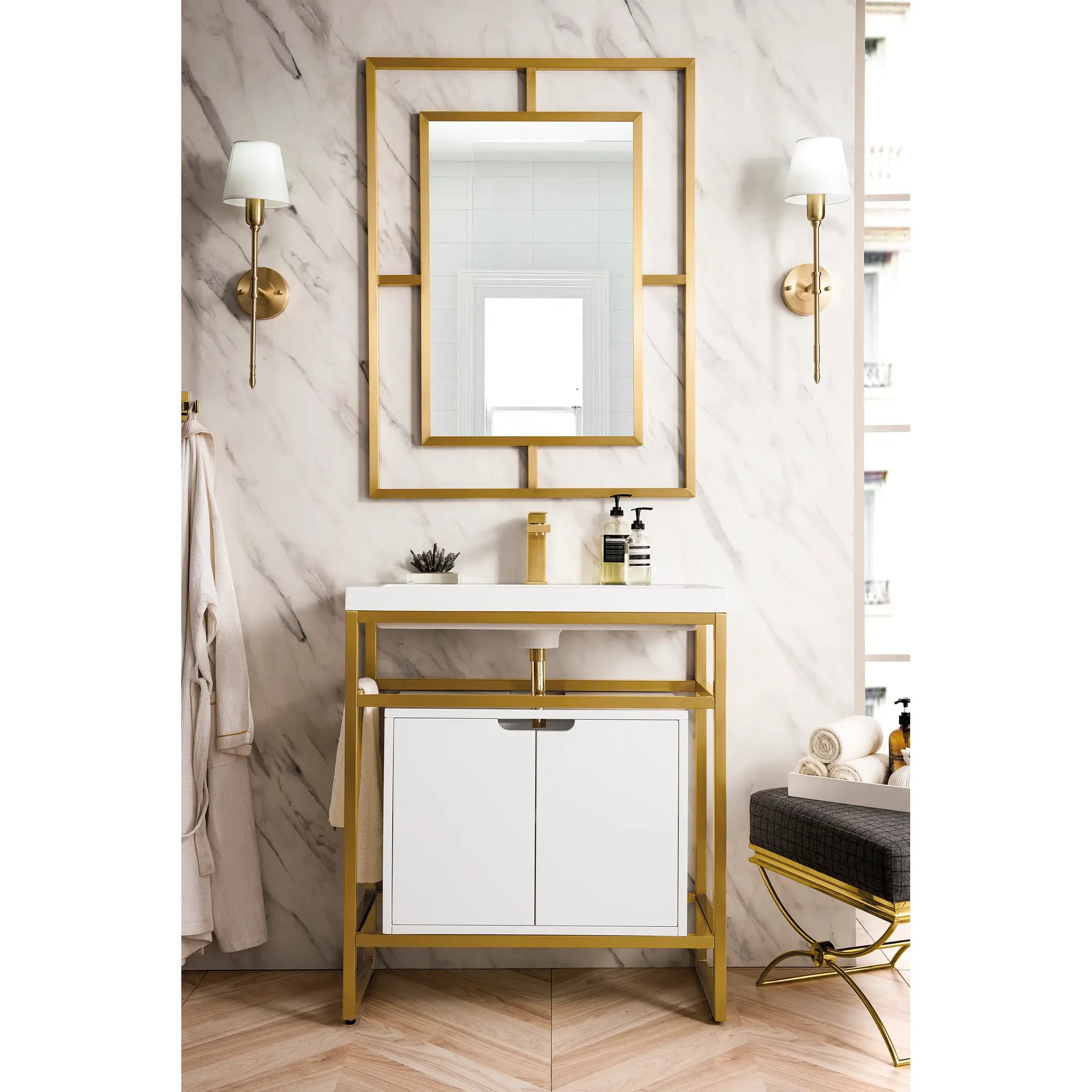 Boston 31.5" Single Console Vanity Gloss White Storage, White Gloss Composite Stone-Radiant Gold image 1