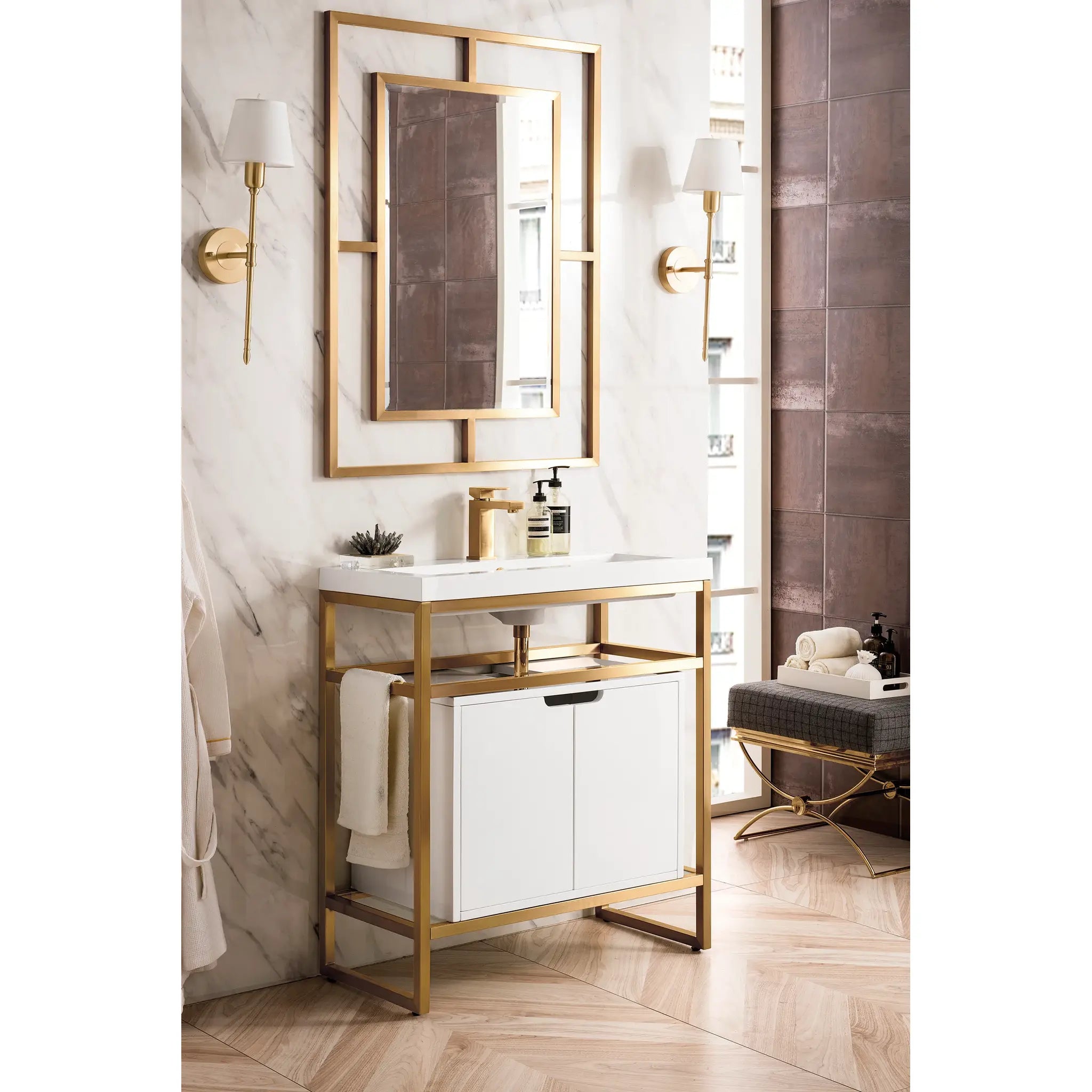 Boston 31.5" Single Console Vanity Gloss White Storage, White Gloss Composite Stone-Radiant Gold image 2