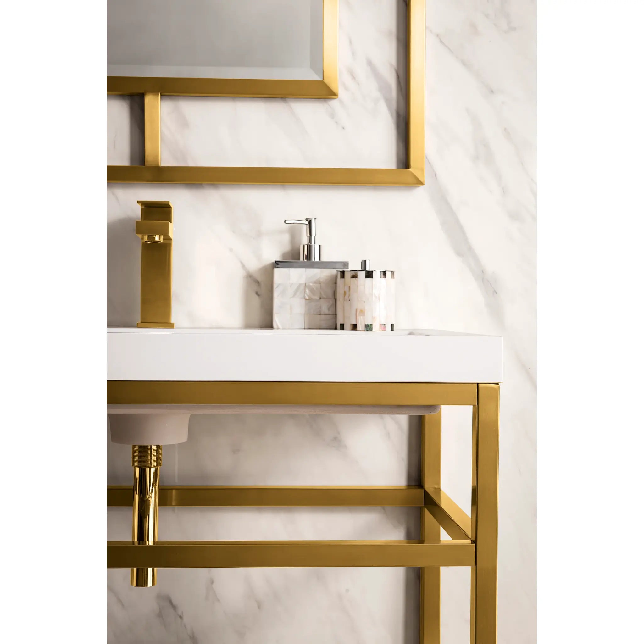 Boston 31.5" Single Console Vanity Gloss White Storage, White Gloss Composite Stone-Radiant Gold image 4