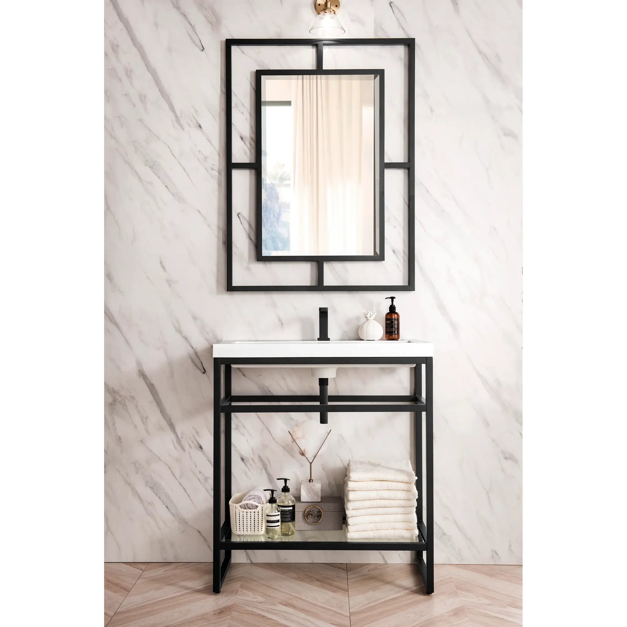 Boston 31.5" Single Console Vanity w/ White Glossy Composite Stone Top-Matte Black image 1