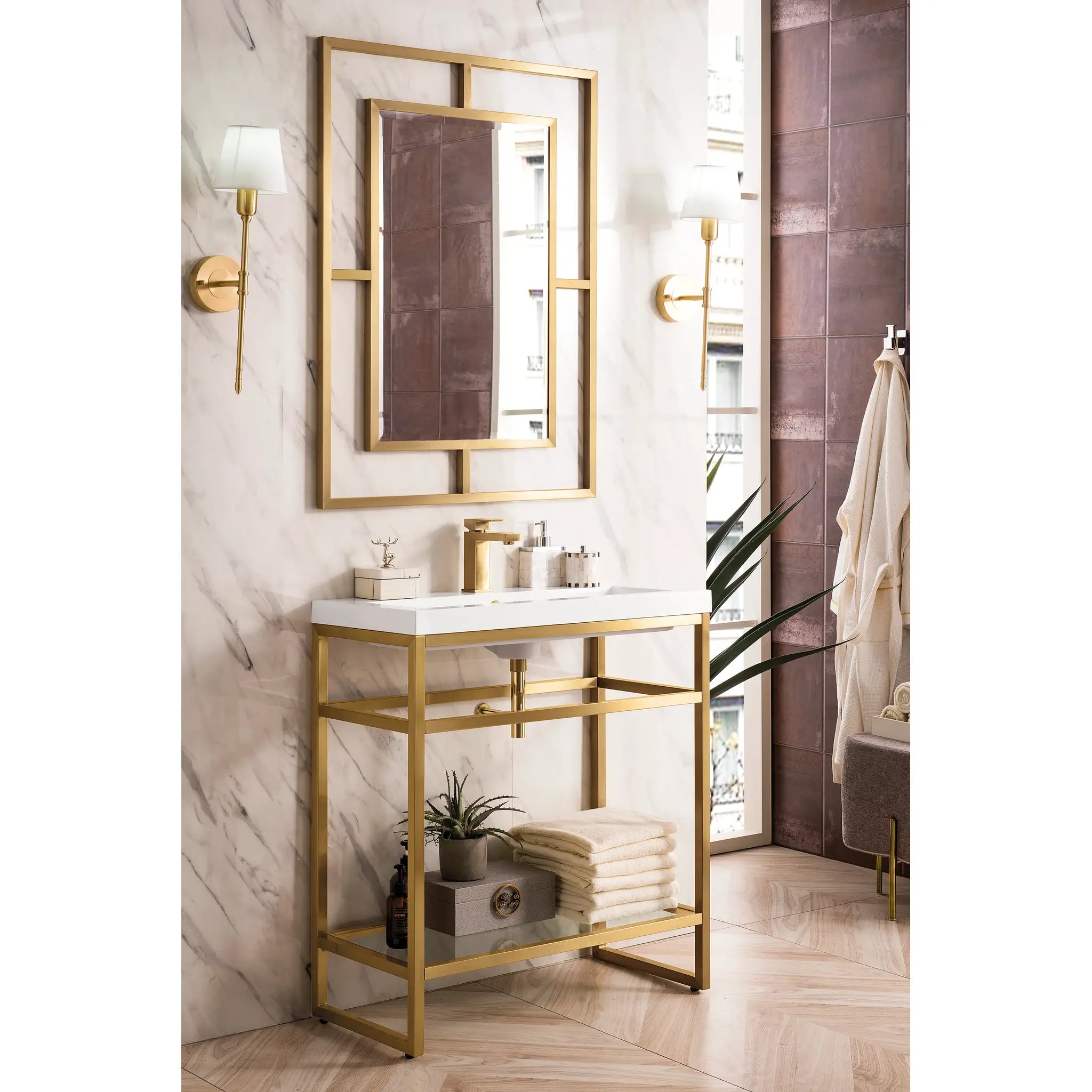 Boston 31.5" Single Console Vanity w/ White Glossy Composite Stone Top-Radiant Gold image 2