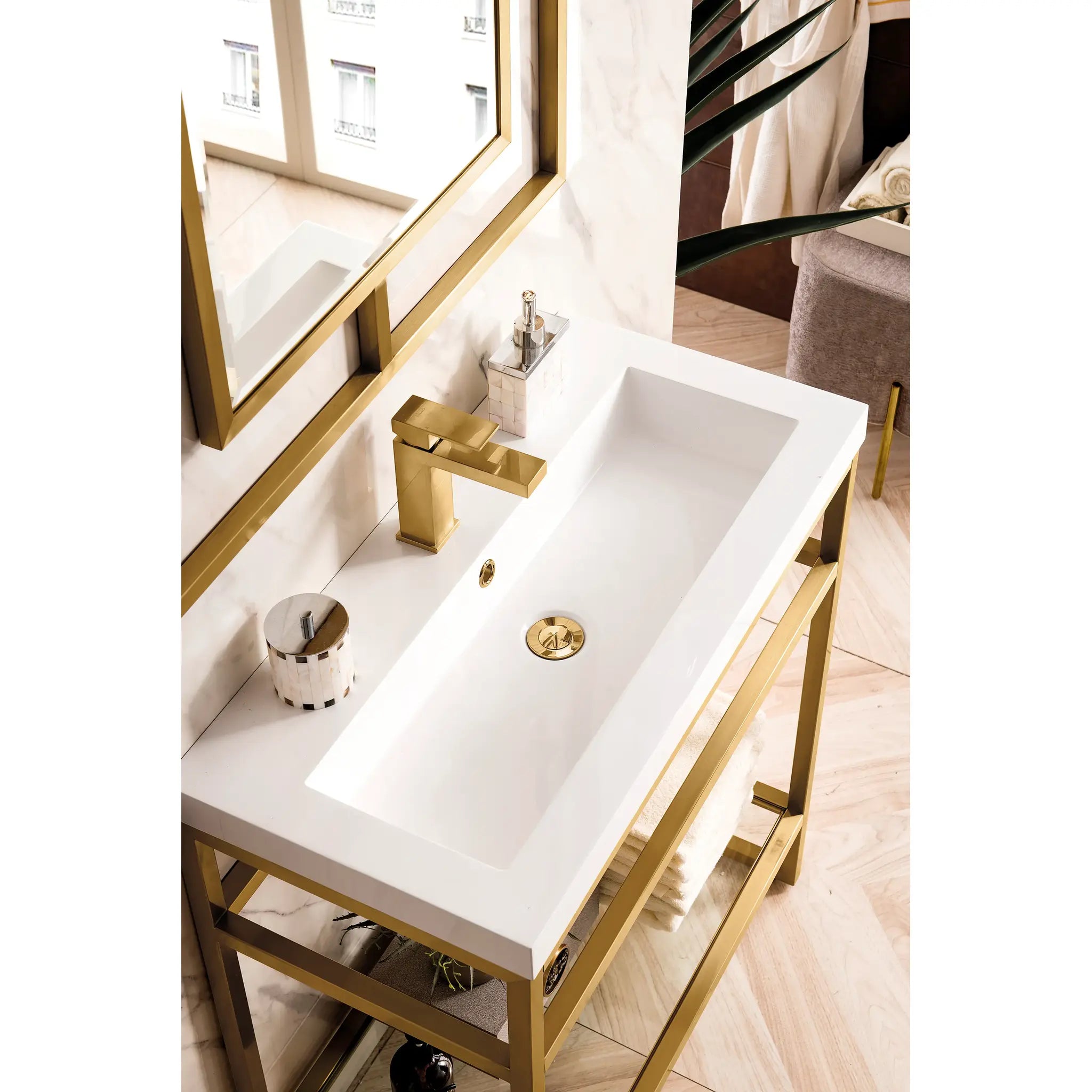 Boston 31.5" Single Console Vanity w/ White Glossy Composite Stone Top-Radiant Gold image 3