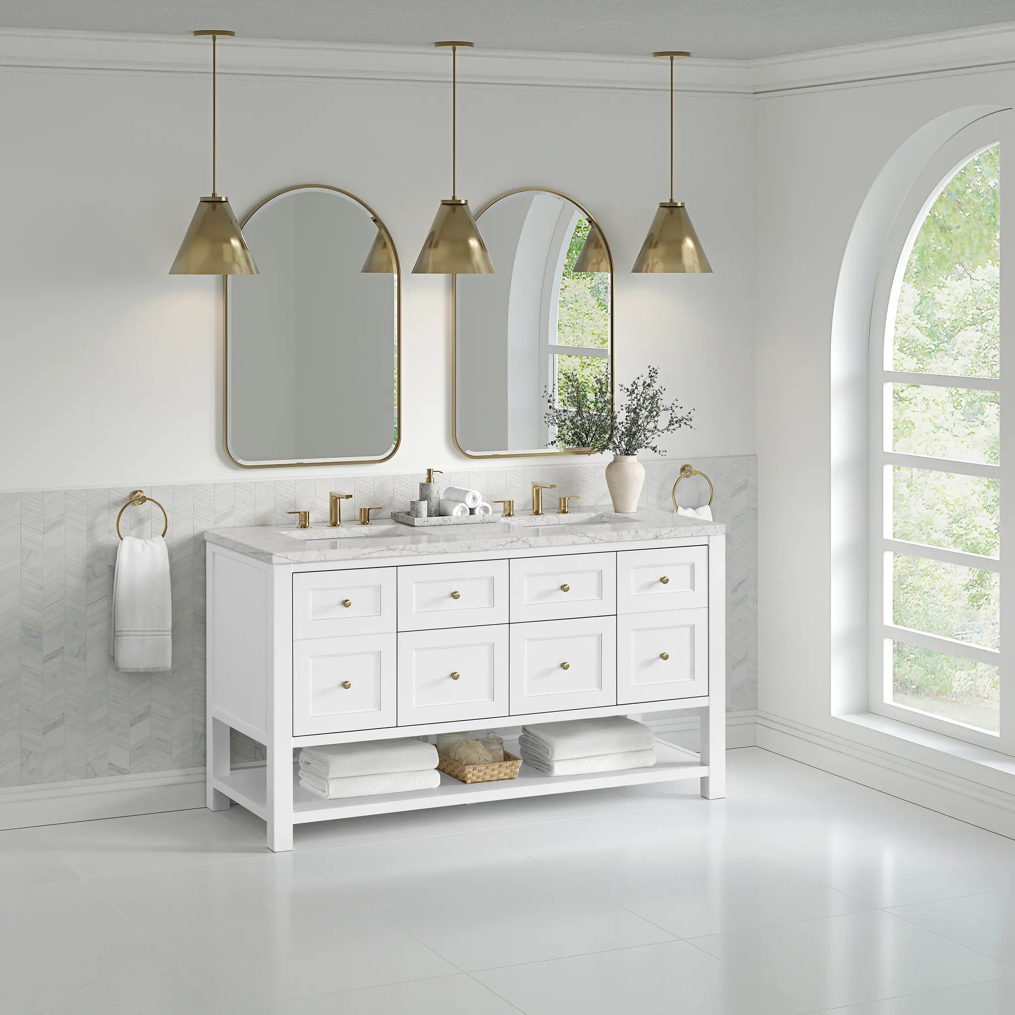 Breckenridge 60" Double Vanity in Bright White, Wireless Charger-Eternal Jasmine Pearl Silestone-8" Widespread image 5