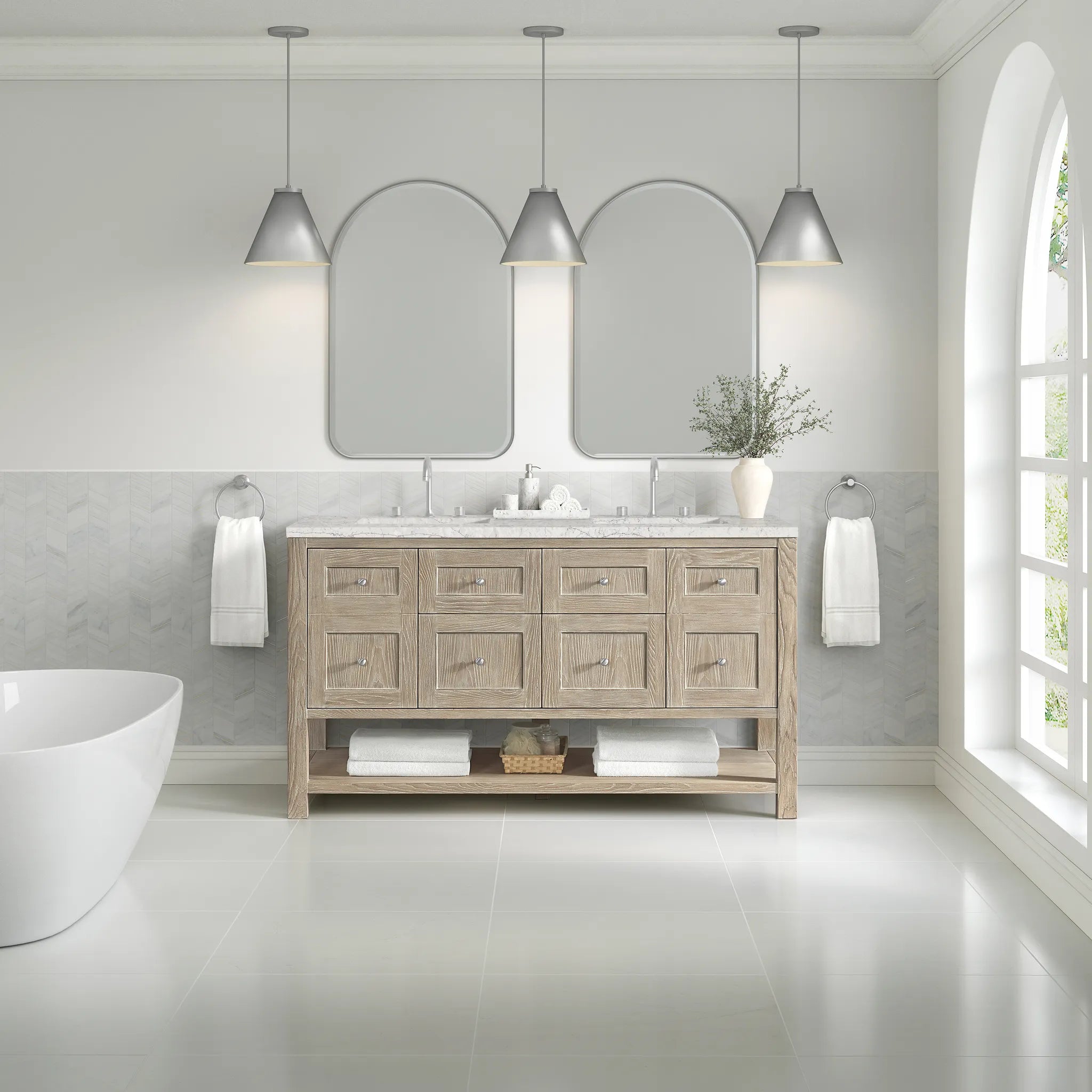 Breckenridge 60" Double Vanity in Whitewashed Oak Wireless Charger-Eternal Jasmine Pearl Silestone-8" Widespread image 4