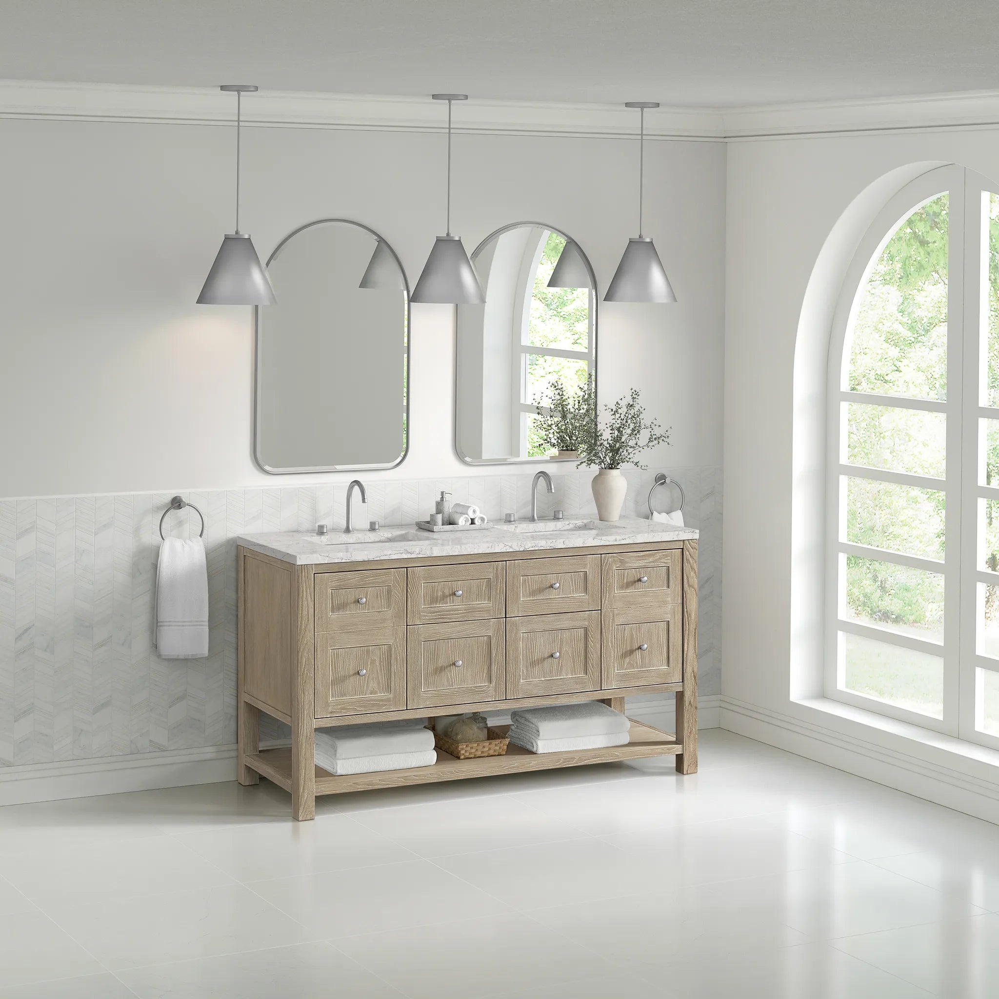 Breckenridge 60" Double Vanity in Whitewashed Oak Wireless Charger-Eternal Jasmine Pearl Silestone-8" Widespread image 5