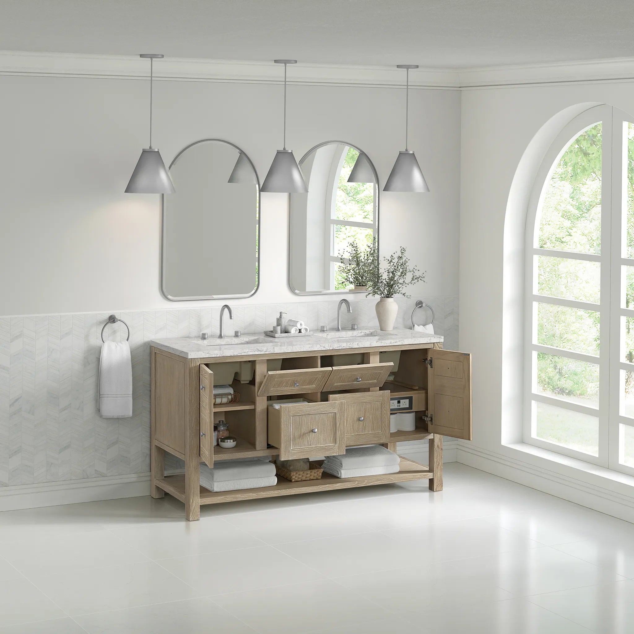 Breckenridge 60" Double Vanity in Whitewashed Oak Wireless Charger-Eternal Jasmine Pearl Silestone-8" Widespread image 6