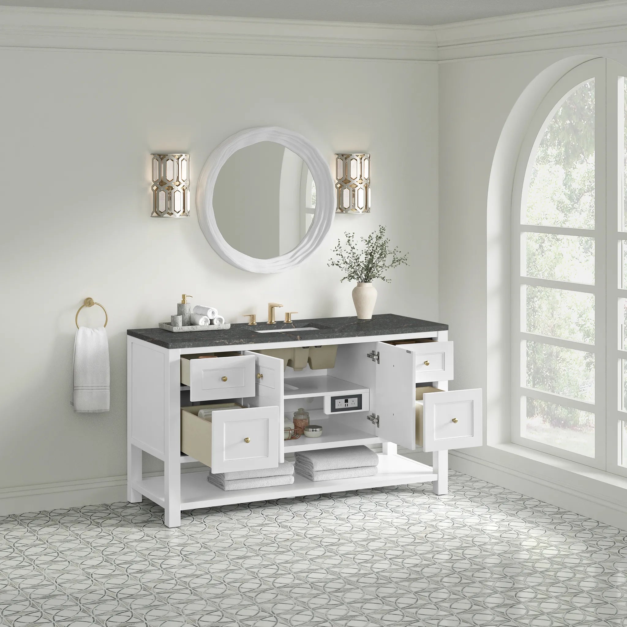 Breckenridge 60" Single Vanity in Bright White w/FreePower Wireless Charger-Parisien Bleu Silestone-8" Widespread image 6