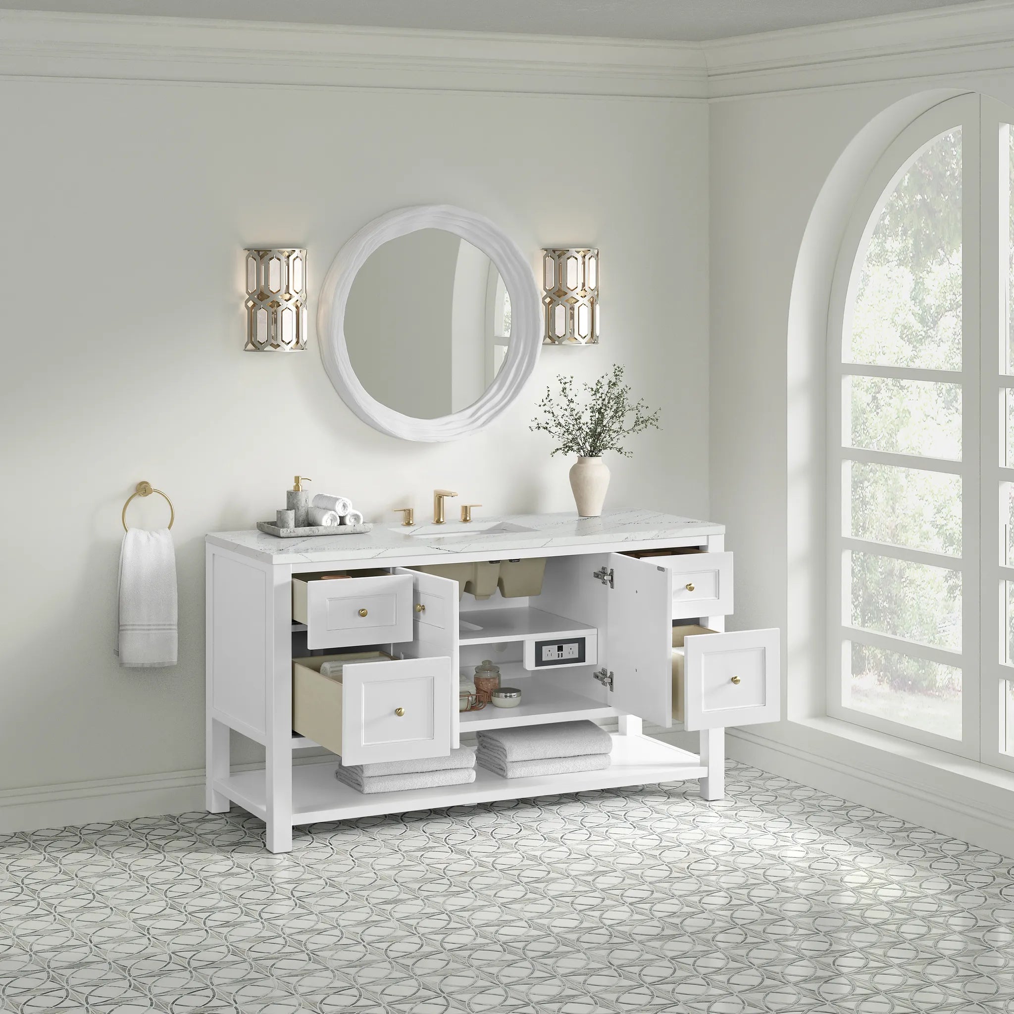Breckenridge 60" Single Vanity in Bright White Wireless Charger-Ethereal Noctis Silestone-8" Widespread image 6