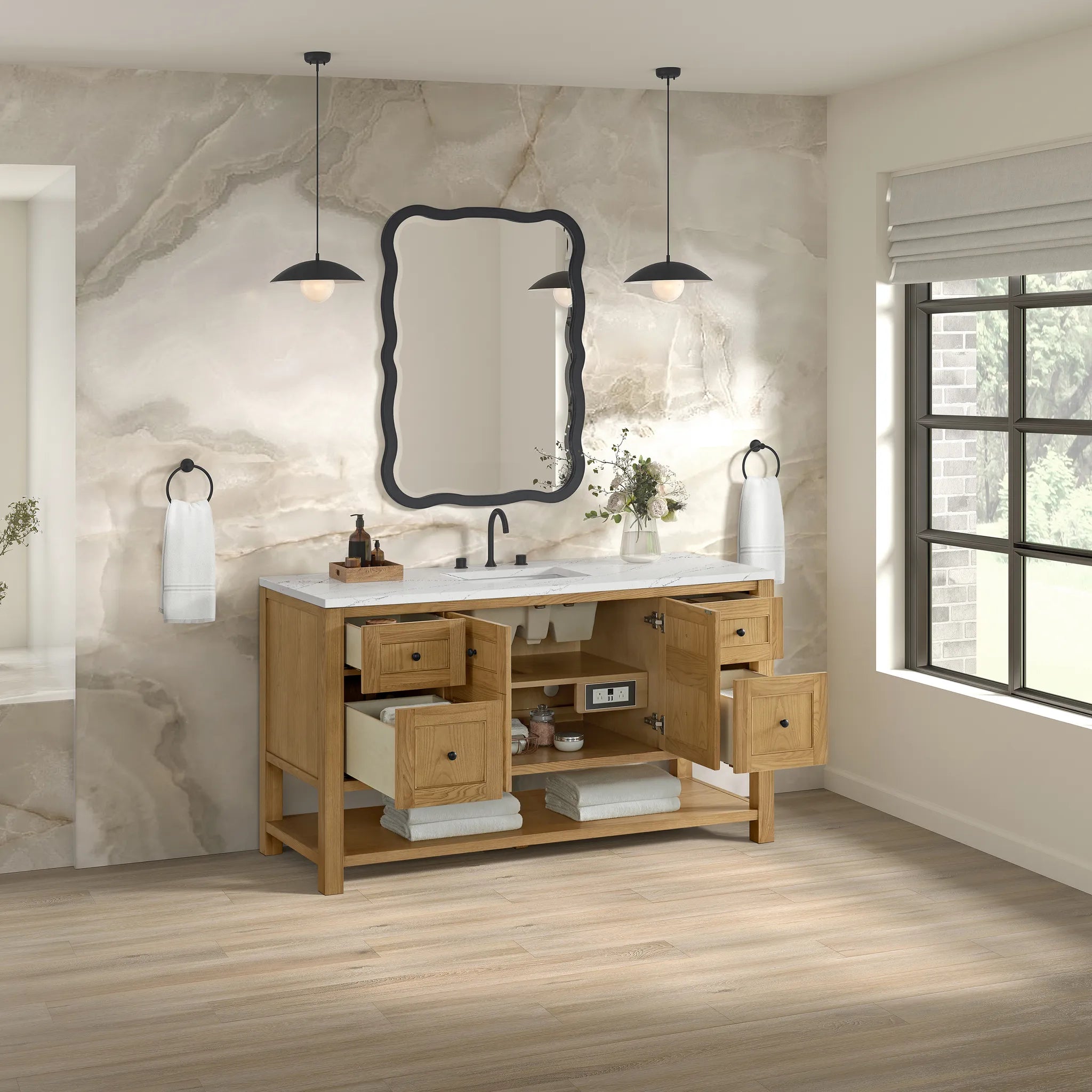 Breckenridge 60" Single Vanity in Light Natural Oak Wireless Charger-Ethereal Noctis Silestone-8" Widespread image 6