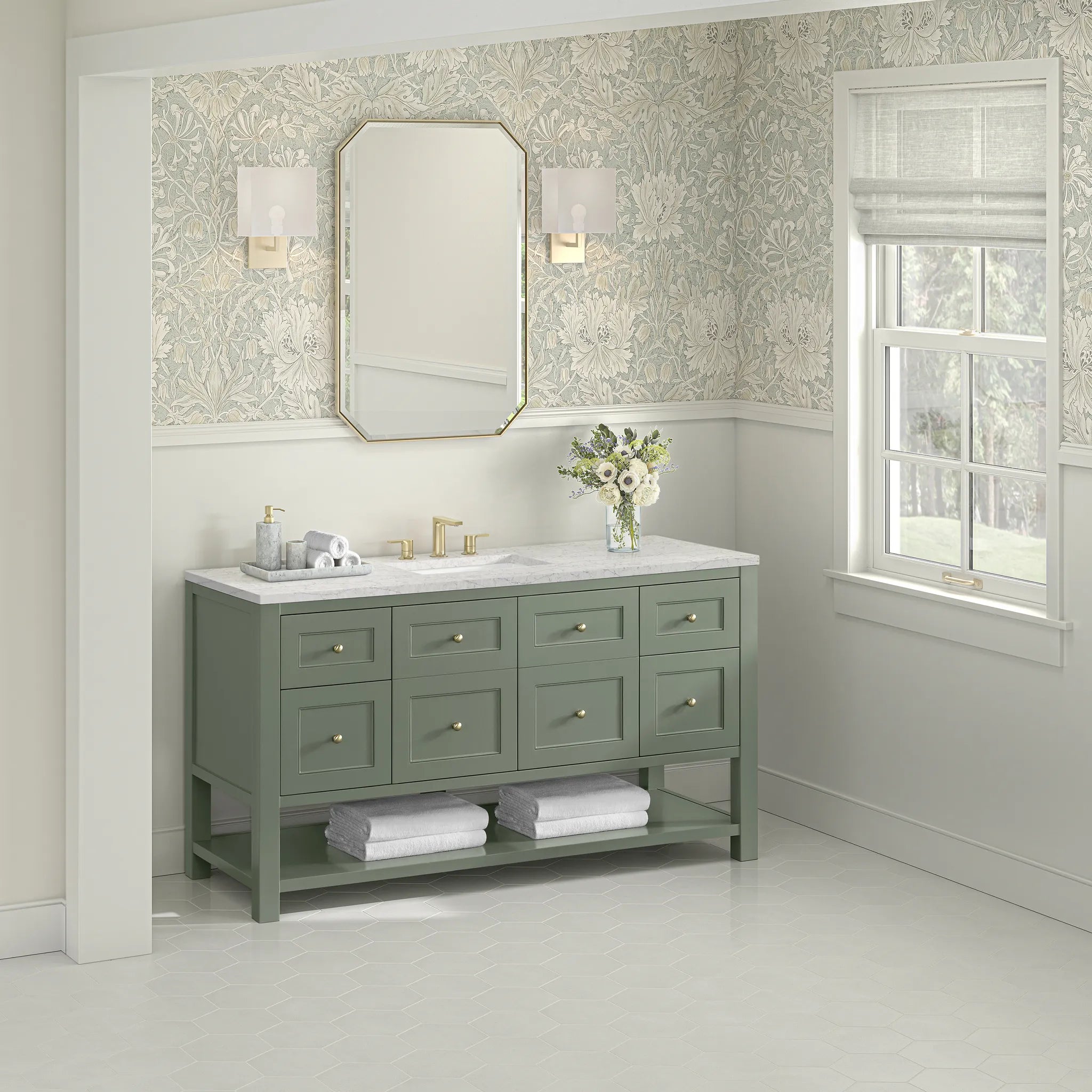 Breckenridge 60" Single Vanity in Smokey Celadon, Wireless Charger-Eternal Jasmine Pearl Silestone-8" Widespread image 5