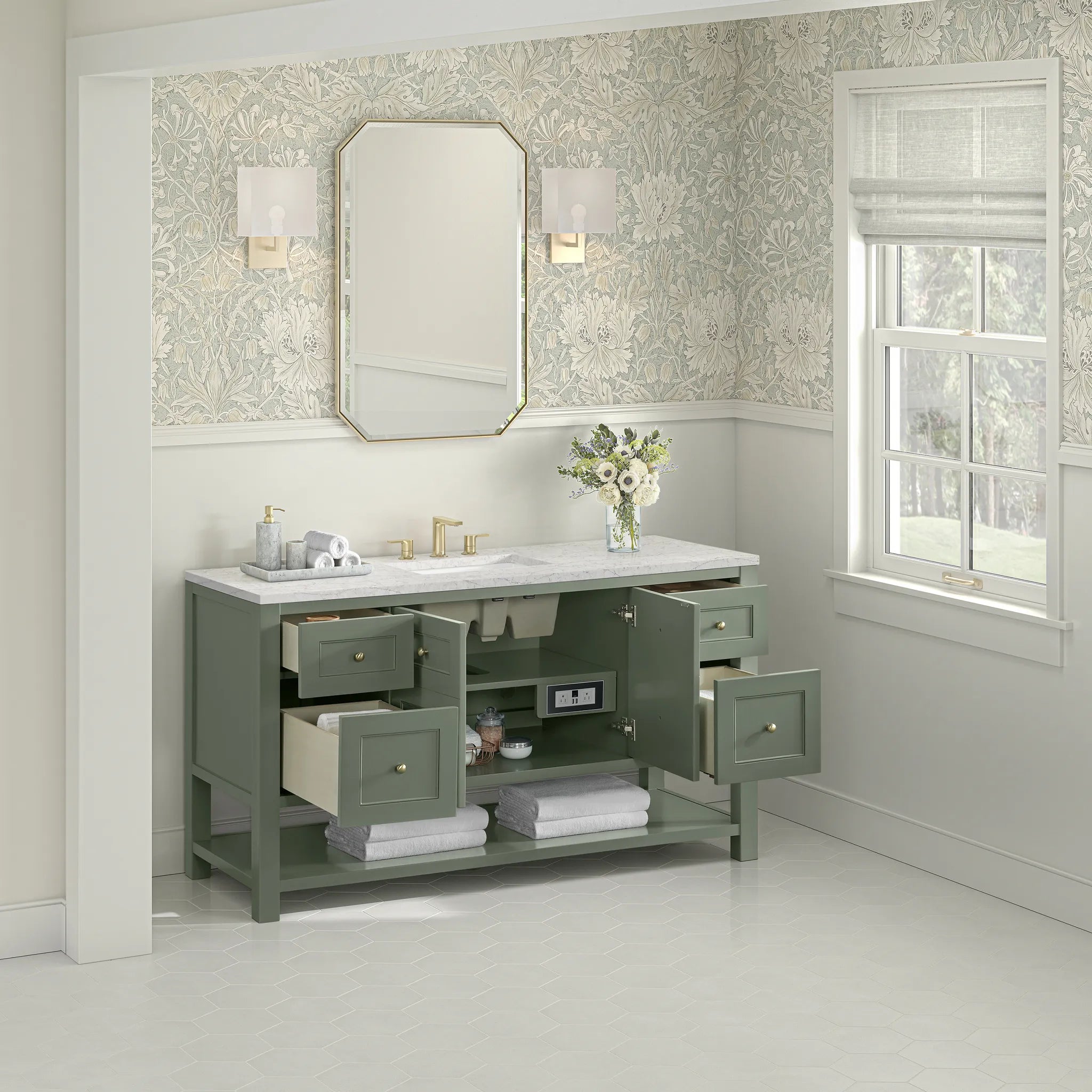 Breckenridge 60" Single Vanity in Smokey Celadon, Wireless Charger-Eternal Jasmine Pearl Silestone-8" Widespread image 6