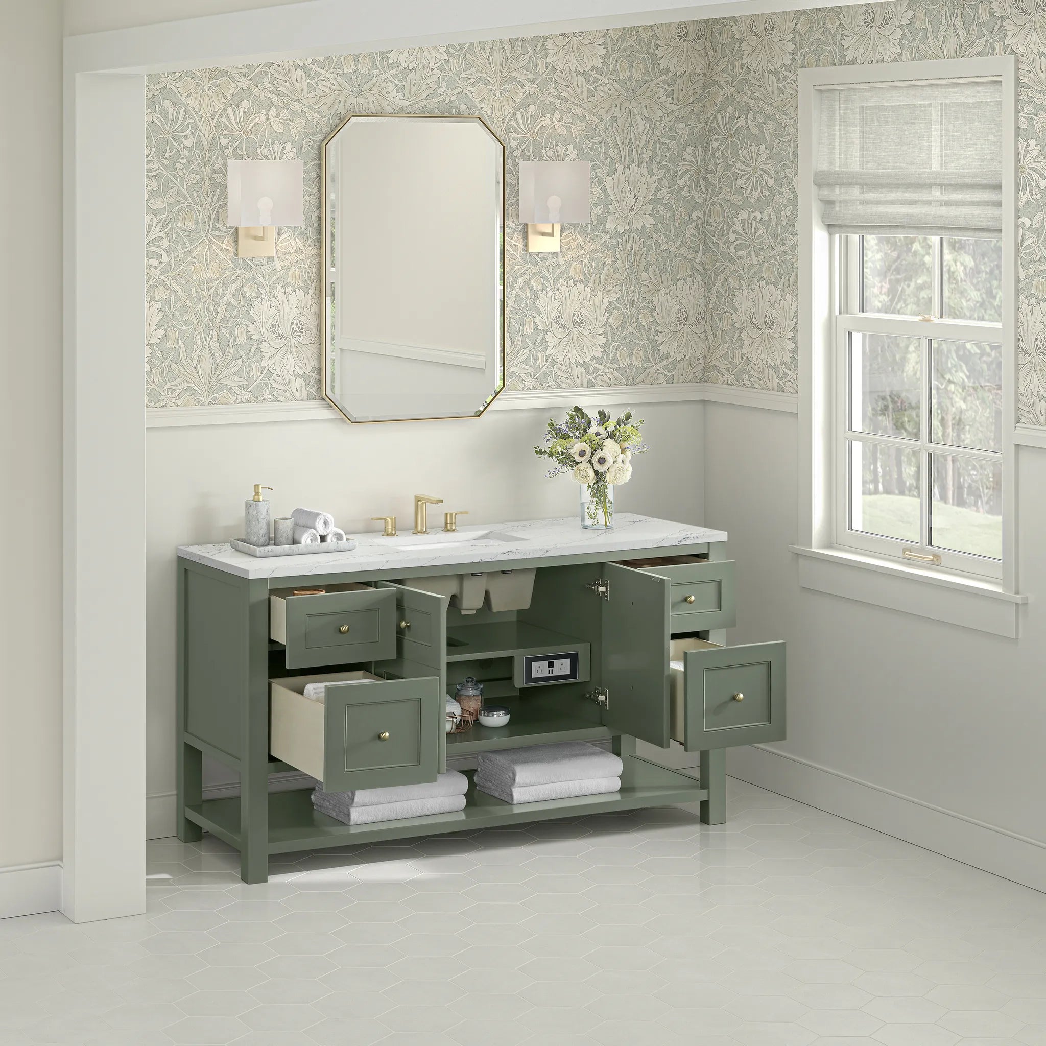 Breckenridge 60" Single Vanity in Smokey Celadon, Wireless Charger-Ethereal Noctis Silestone-8" Widespread image 6