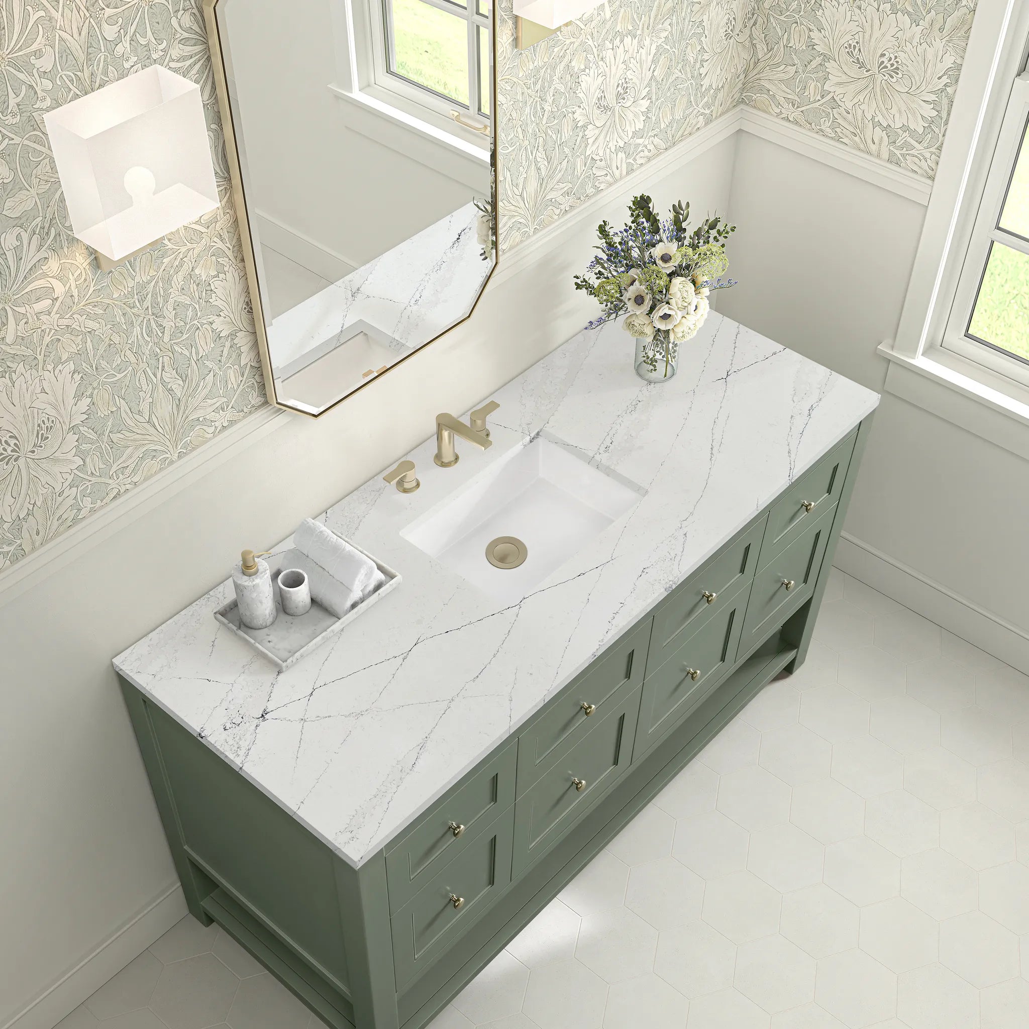 Breckenridge 60" Single Vanity in Smokey Celadon, Wireless Charger-Ethereal Noctis Silestone-8" Widespread image 8