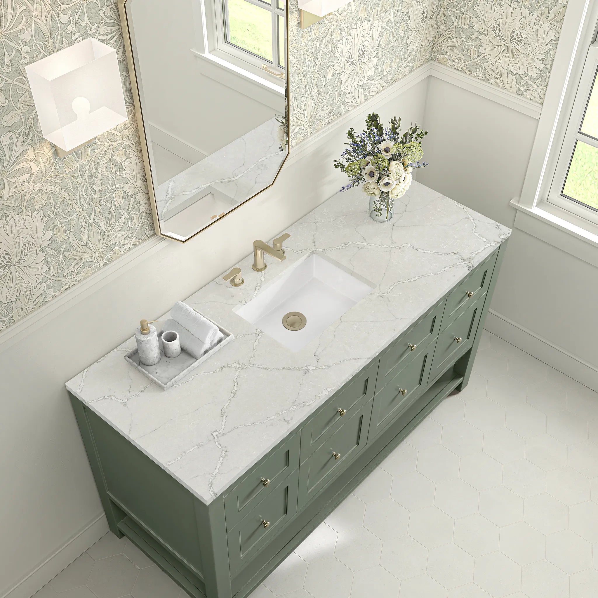 Breckenridge 60" Single Vanity in Smokey Celadon, Wireless Charger-Victorian Silver Silestone-8" Widespread image 8