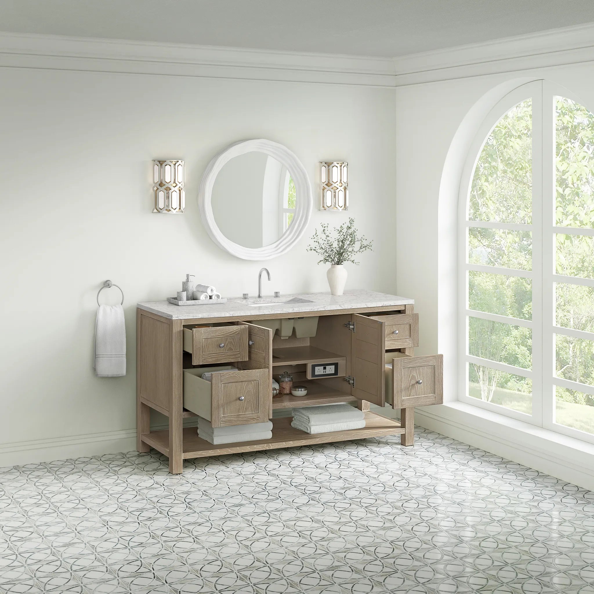 Breckenridge 60" Single Vanity in Whitewashed Oak Wireless Charger-Eternal Jasmine Pearl Silestone-8" Widespread image 6
