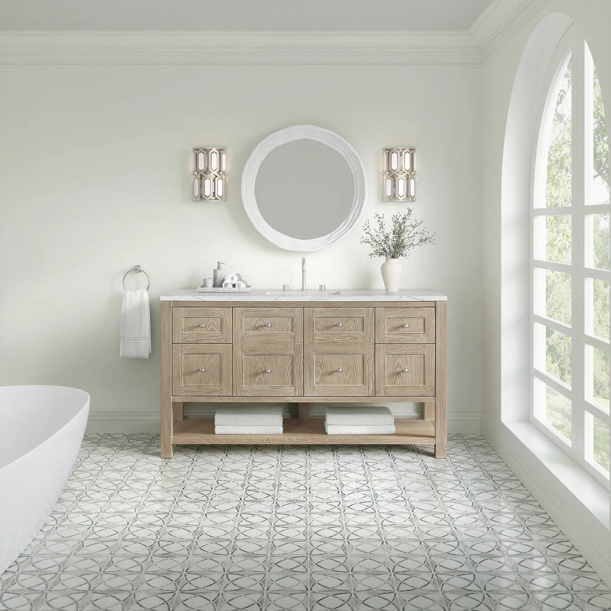 Breckenridge 60" Single Vanity in Whitewashed Oak Wireless Charger-Ethereal Noctis Silestone-8" Widespread image 4