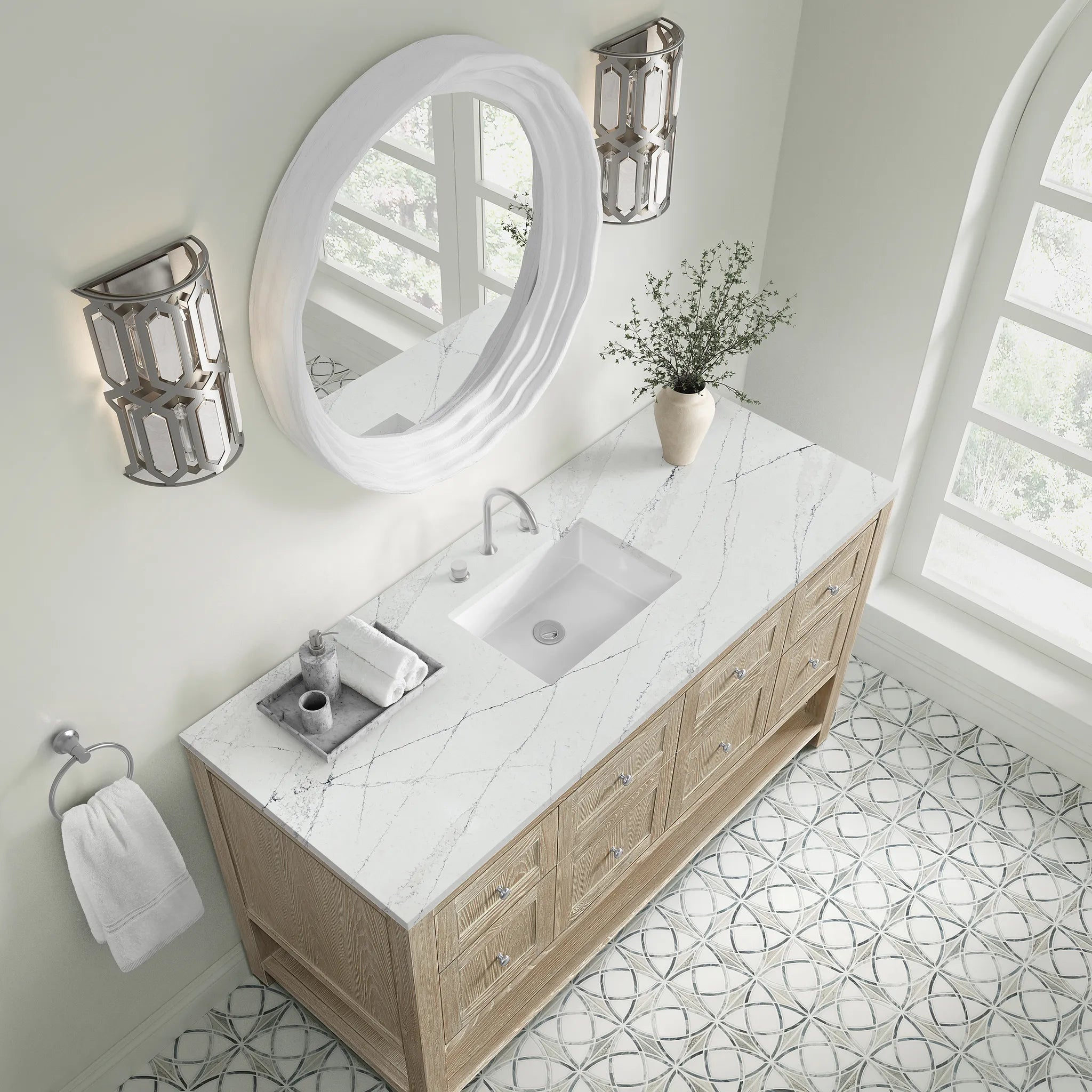 Breckenridge 60" Single Vanity in Whitewashed Oak Wireless Charger-Ethereal Noctis Silestone-8" Widespread image 8