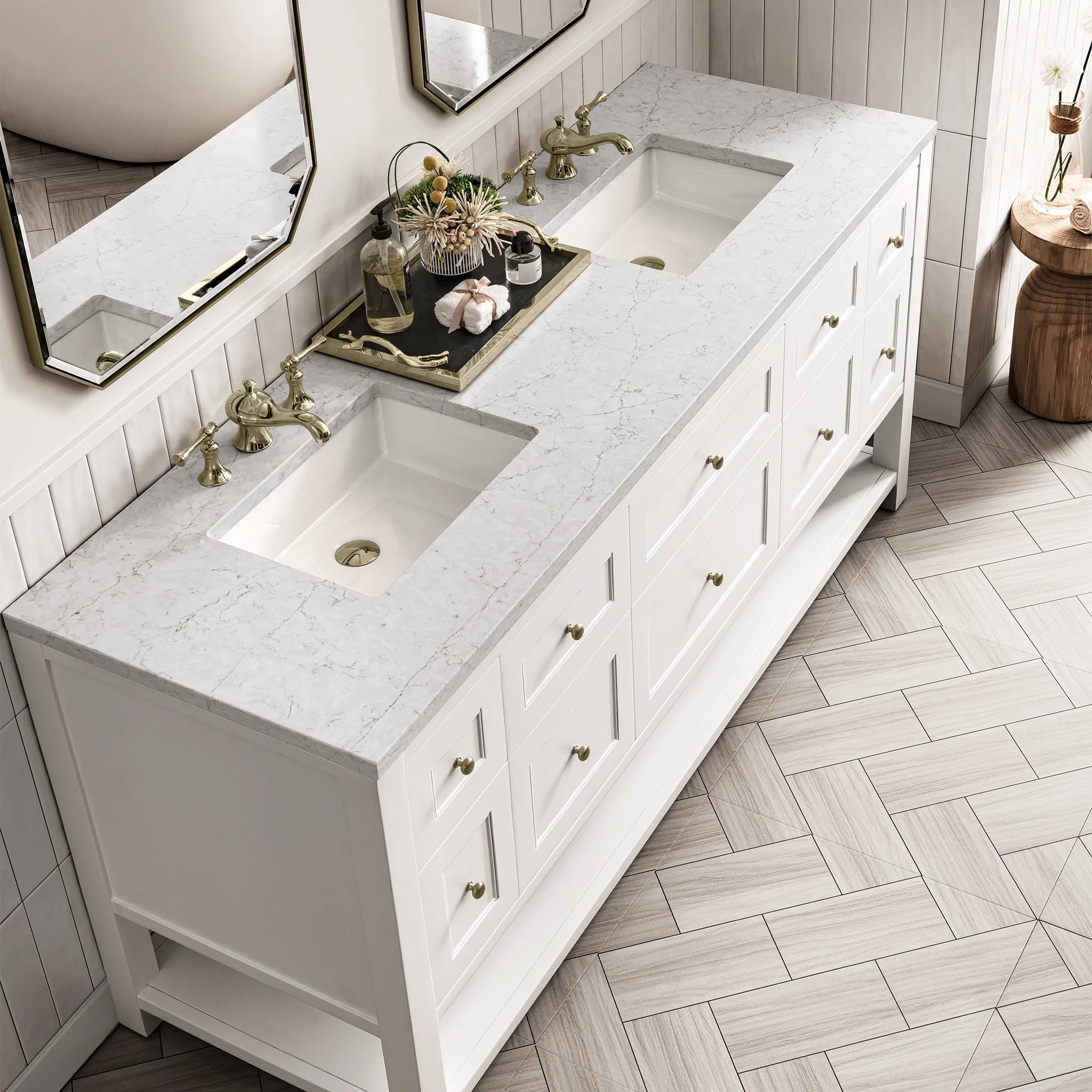 Breckenridge 72" Double Vanity Base Only in Bright White Wireless Charger-Eternal Jasmine Pearl Silestone-8" Widespread image 5