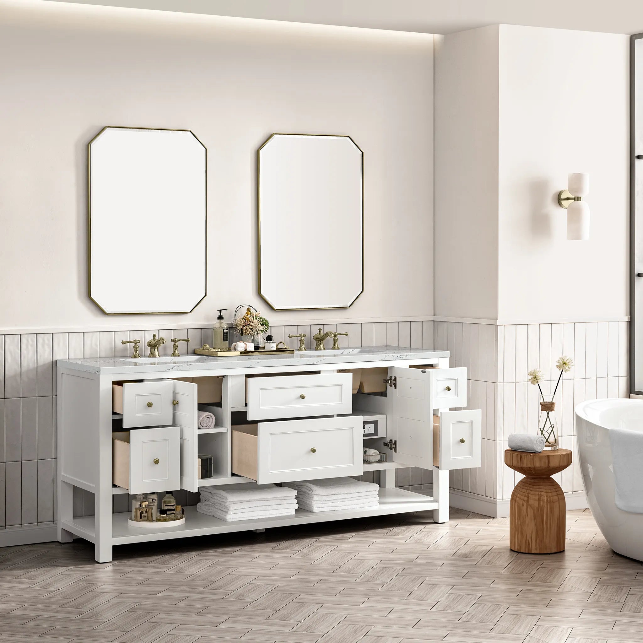 Breckenridge 72" Double Vanity Base Only in Bright White Wireless Charger-Ethereal Noctis Silestone-8" Widespread image 7
