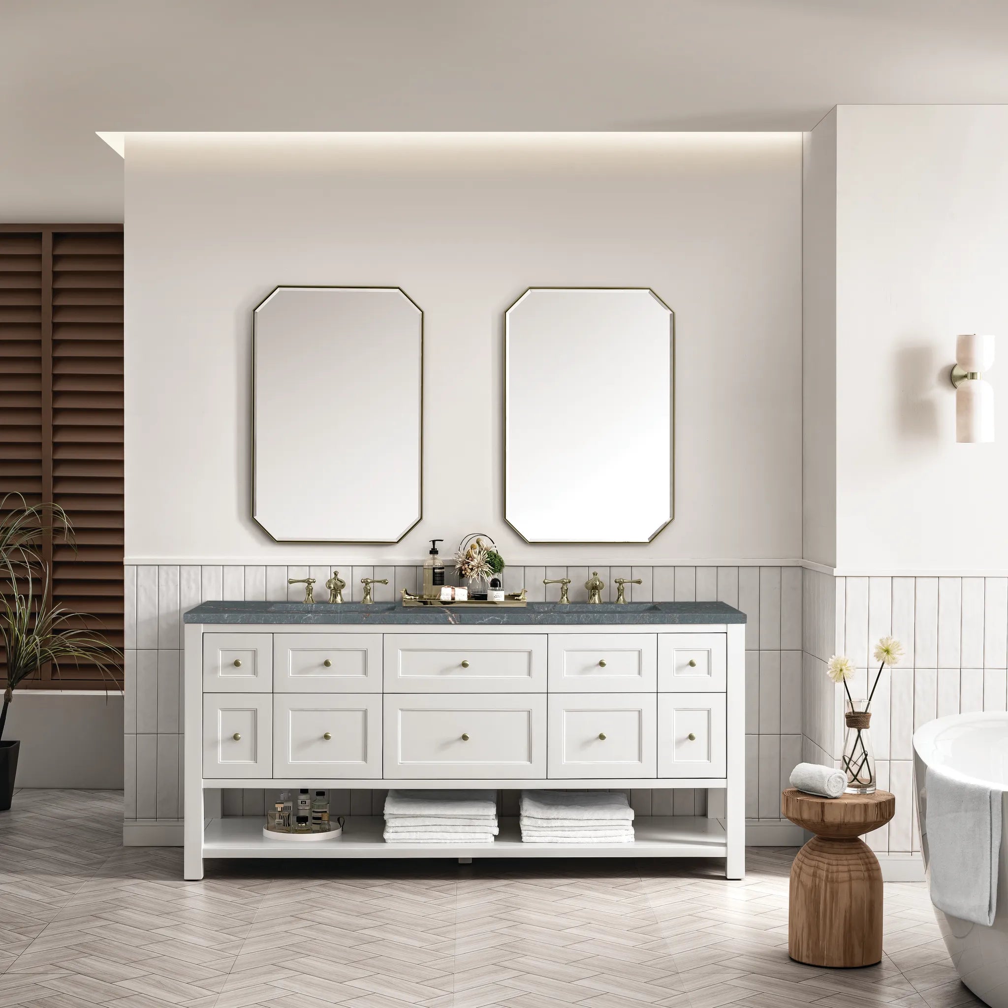 Breckenridge 72" Double Vanity Base Only in Bright White Wireless Charger-Parisien Bleu Silestone-8" Widespread image 4