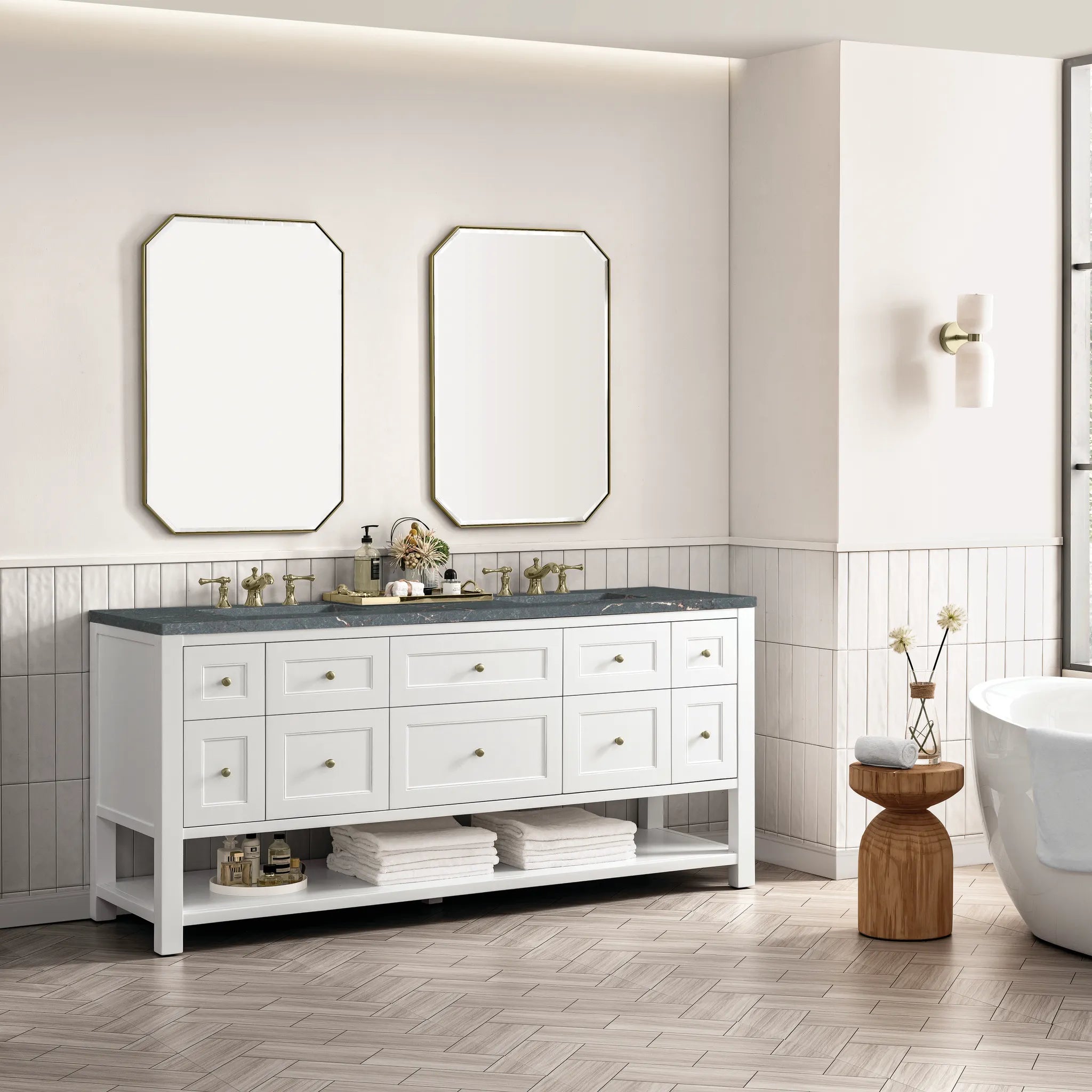 Breckenridge 72" Double Vanity Base Only in Bright White Wireless Charger-Parisien Bleu Silestone-8" Widespread image 5