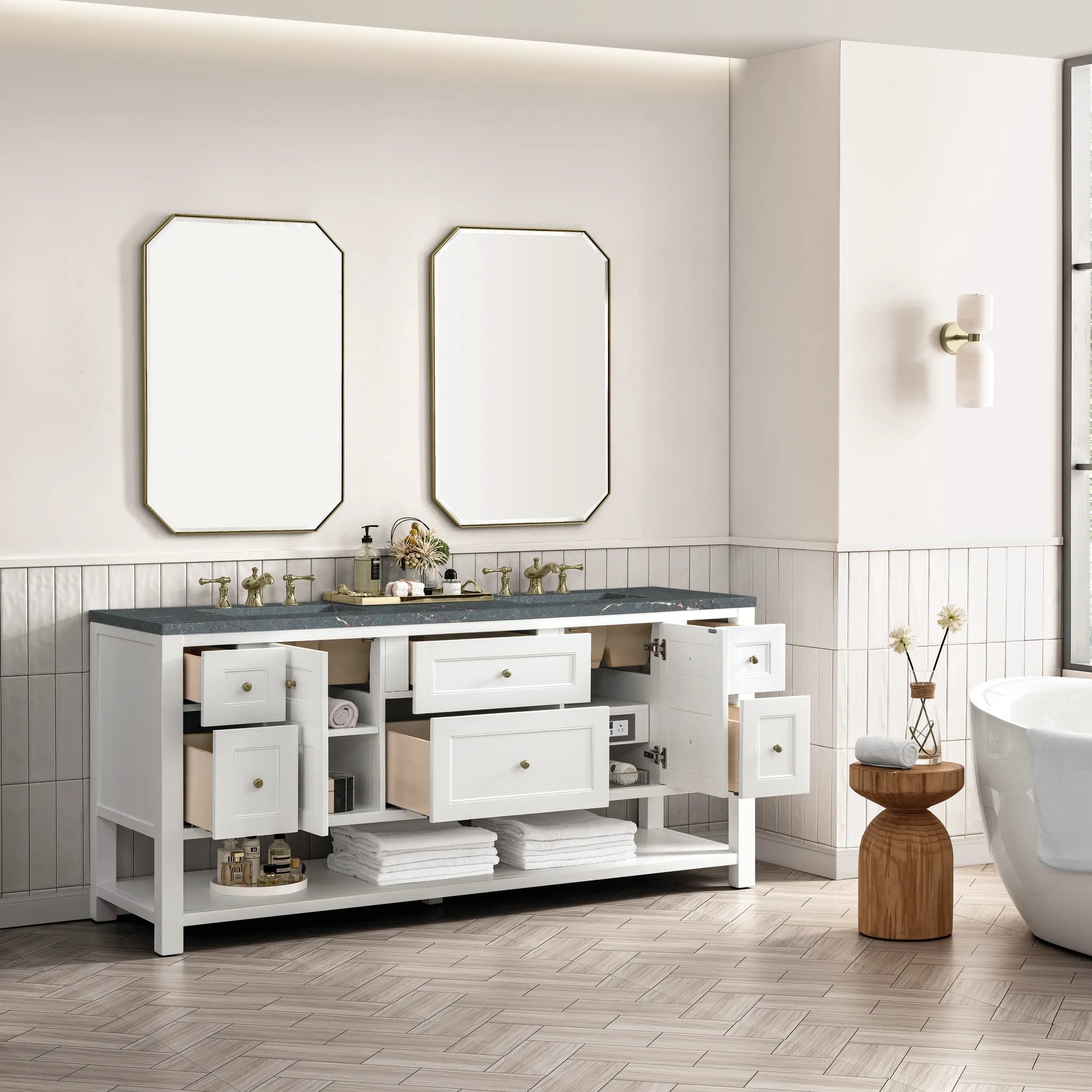 Breckenridge 72" Double Vanity Base Only in Bright White Wireless Charger-Parisien Bleu Silestone-8" Widespread image 6