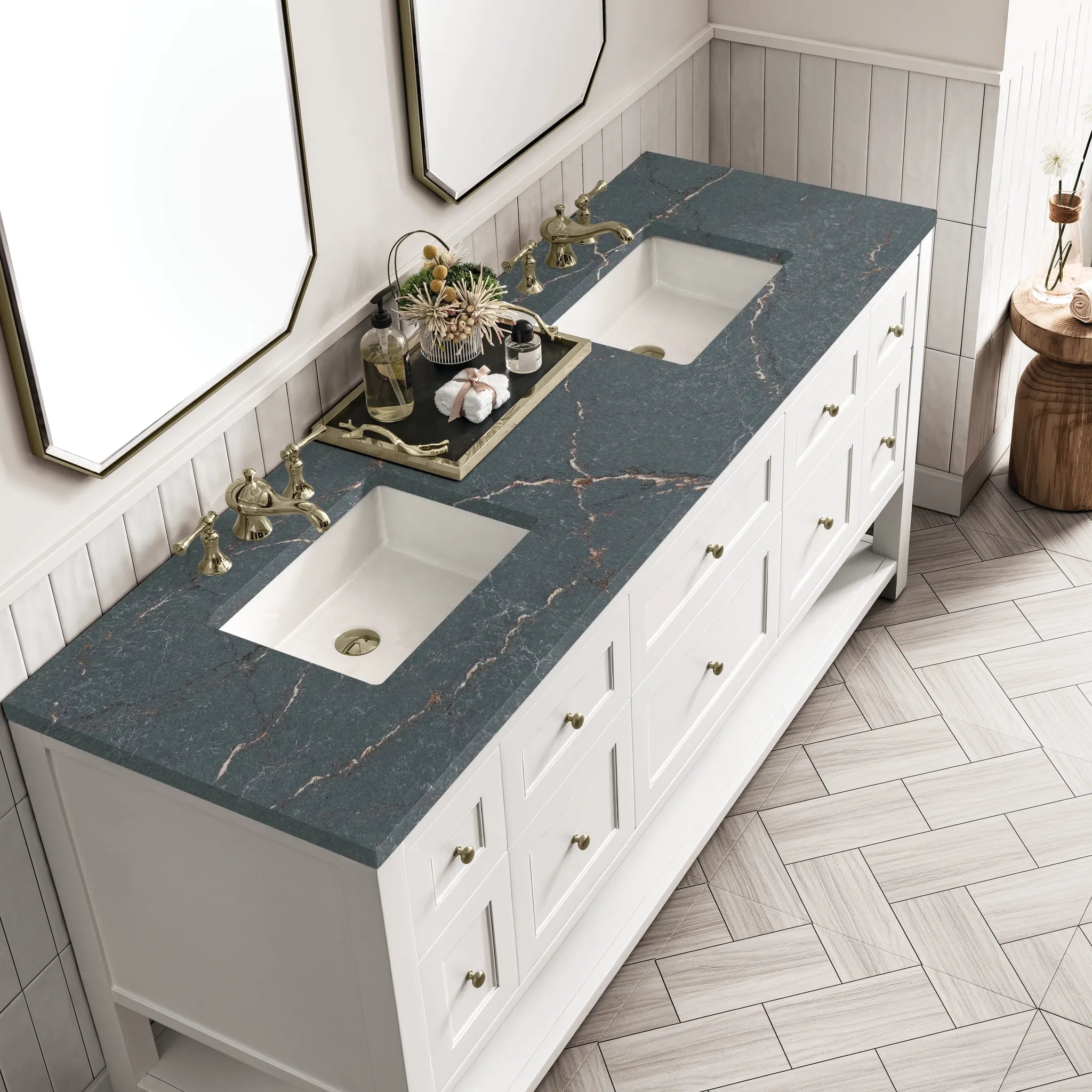 Breckenridge 72" Double Vanity Base Only in Bright White Wireless Charger-Parisien Bleu Silestone-8" Widespread image 8