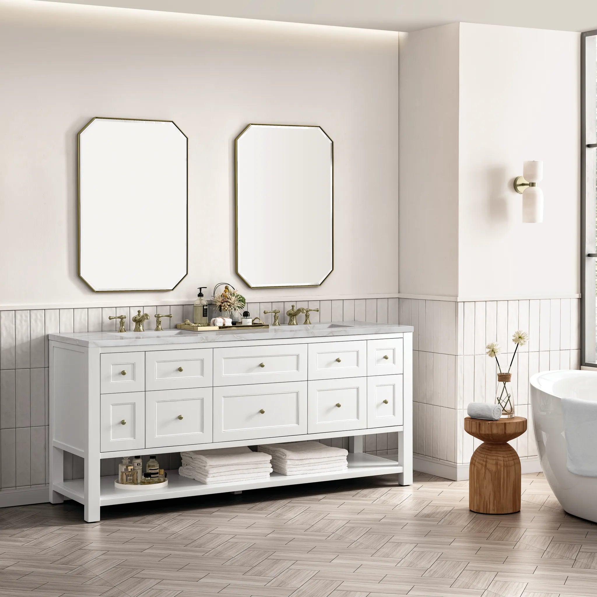 Breckenridge 72" Double Vanity Base Only in Bright White Wireless Charger-Victorian Silver Silestone-8" Widespread image 5