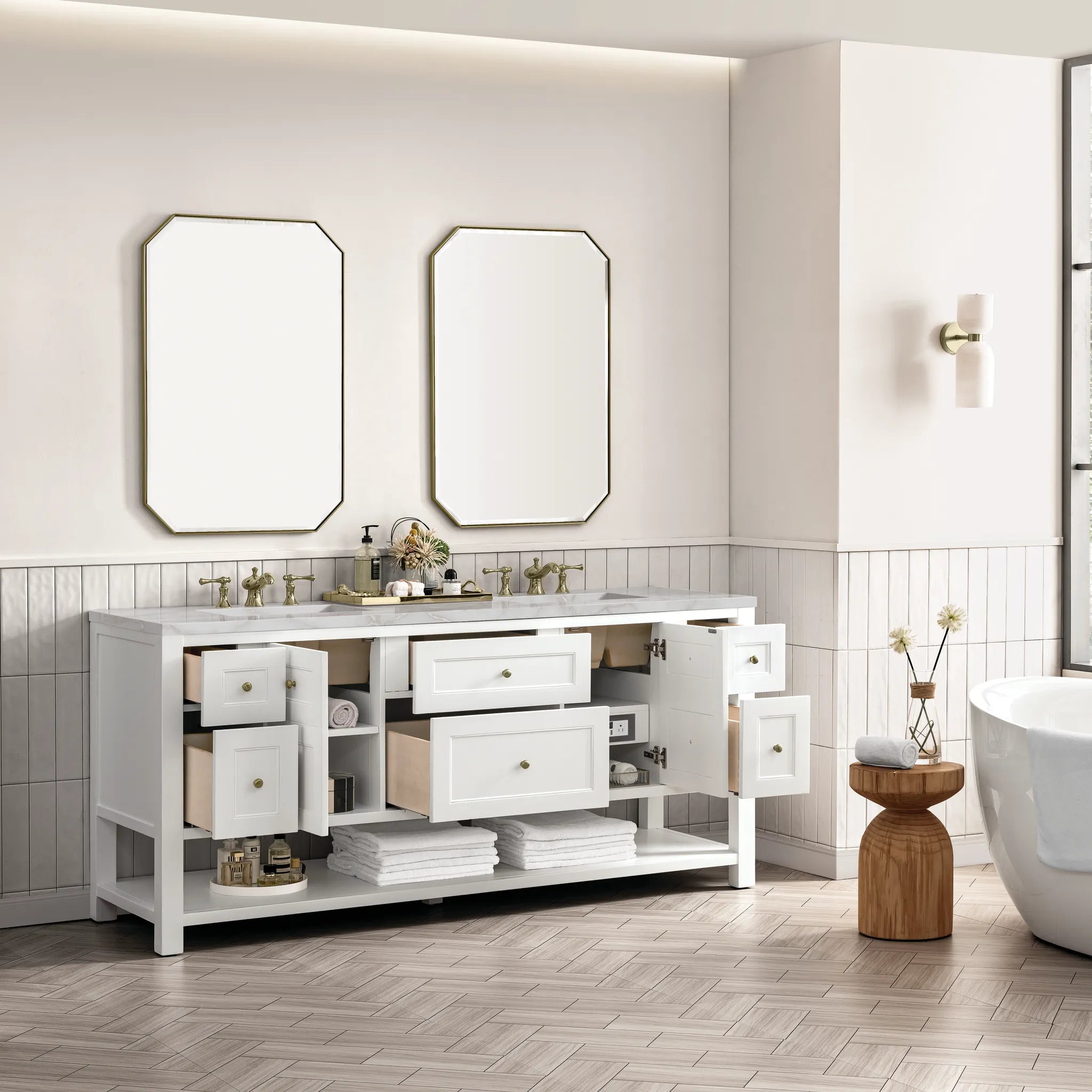 Breckenridge 72" Double Vanity Base Only in Bright White Wireless Charger-Victorian Silver Silestone-8" Widespread image 6