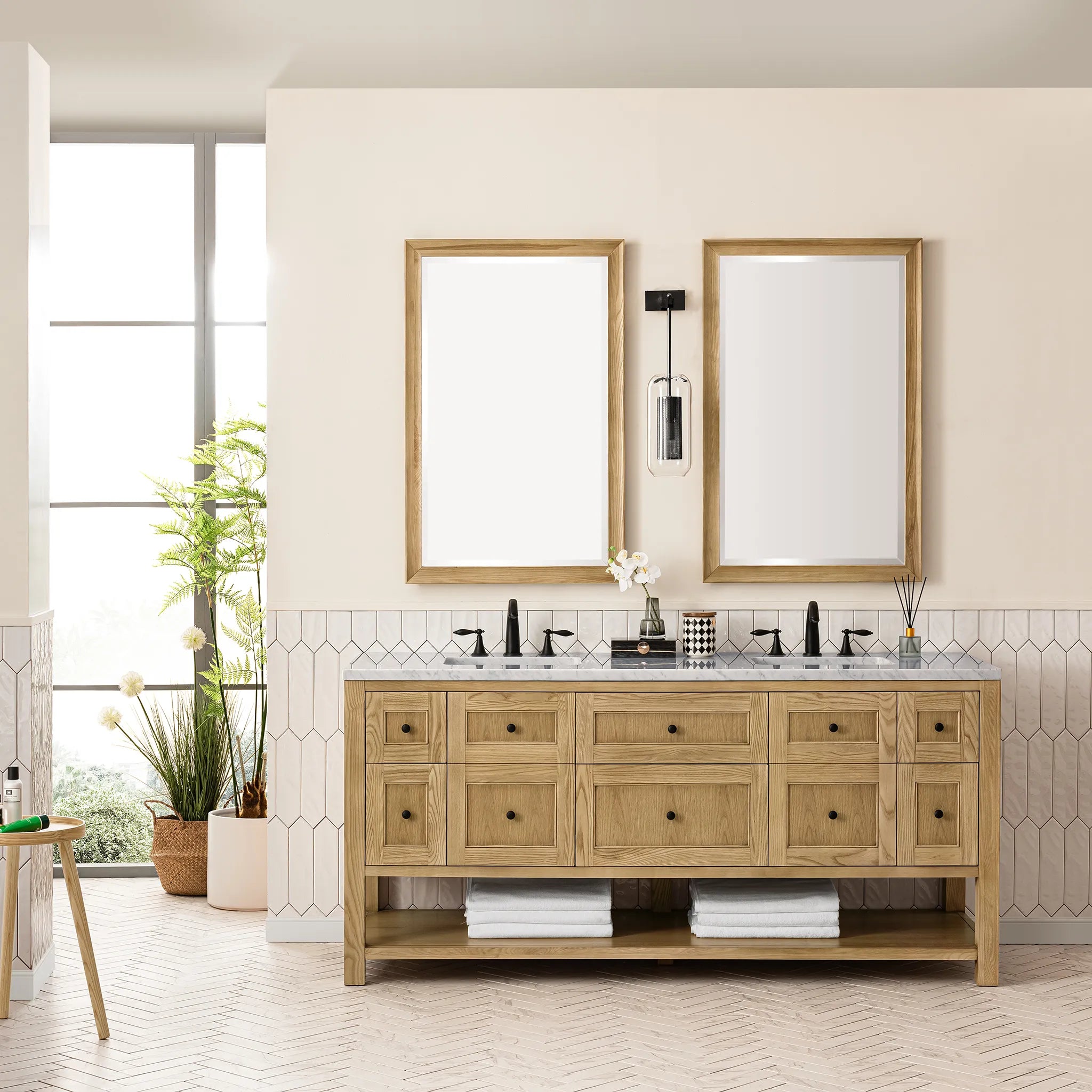 Breckenridge 72" Double Vanity in Light Natural Oak-Carrara White Marble-8" Widespread image 2