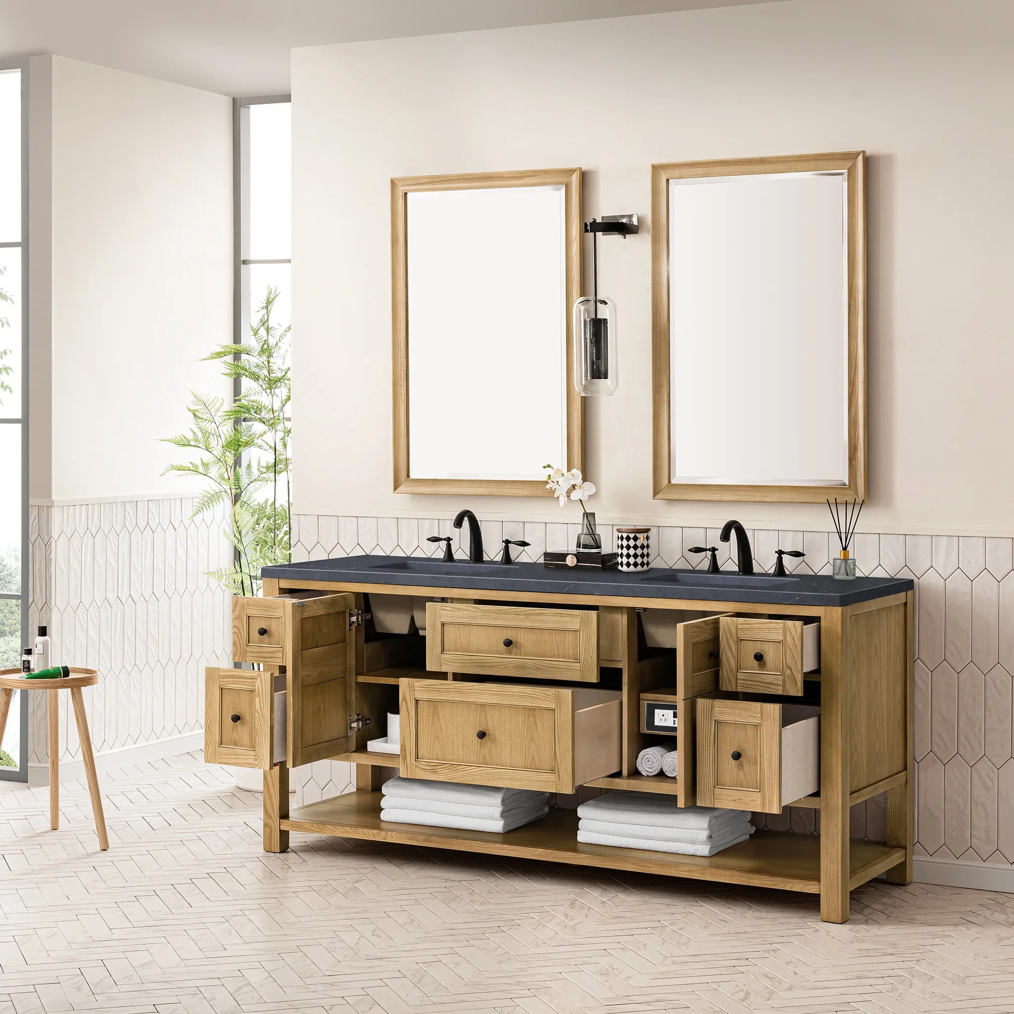 Breckenridge 72" Double Vanity in Light Natural Oak-Charcoal Soapstone Silestone-8" Widespread image 5