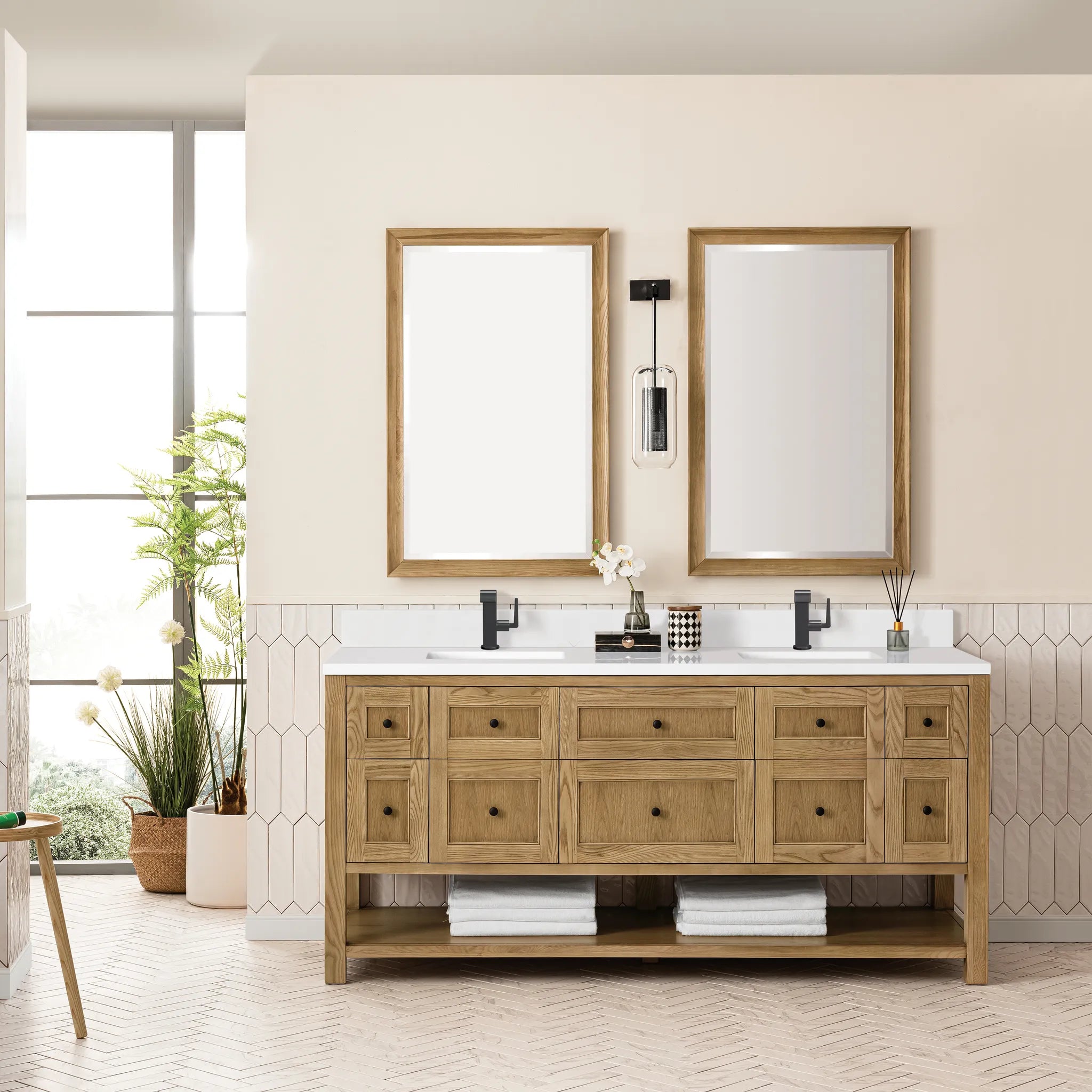 Breckenridge 72" Double Vanity in Light Natural Oak-White Zeus Silestone & Backsplash-Single Hole image 1