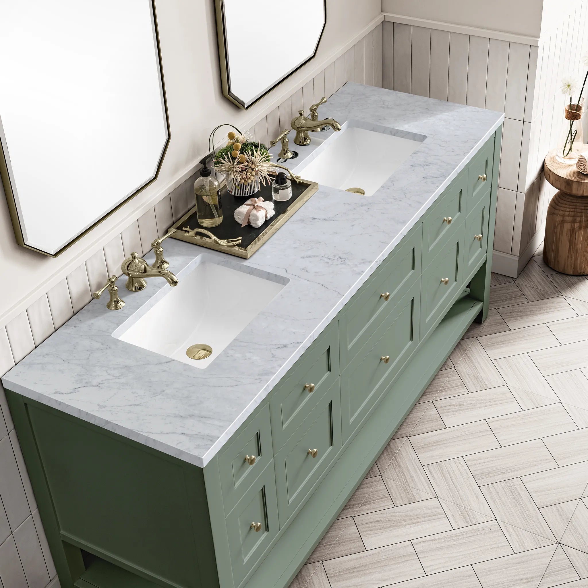 Breckenridge 72" Double Vanity in Smokey Celadon-Carrara White Marble-8" Widespread image 6