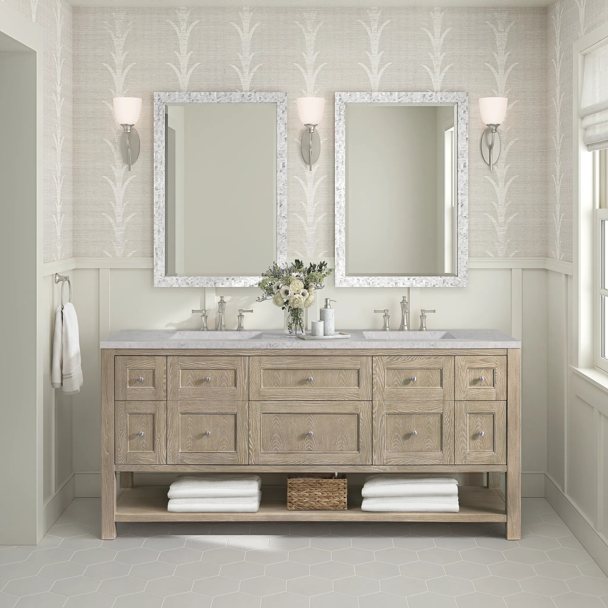 Breckenridge 72" Double Vanity in Whitewashed Oak Wireless Charger-Eternal Jasmine Pearl Silestone-8" Widespread image 5