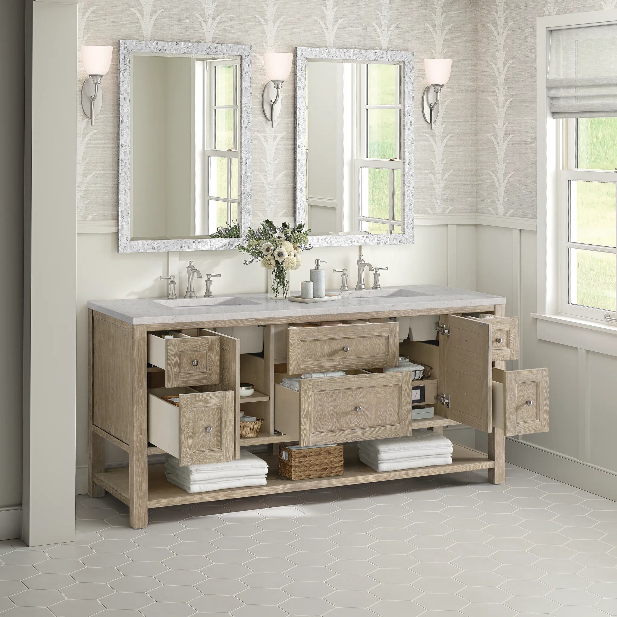 Breckenridge 72" Double Vanity in Whitewashed Oak Wireless Charger-Eternal Jasmine Pearl Silestone-8" Widespread image 7