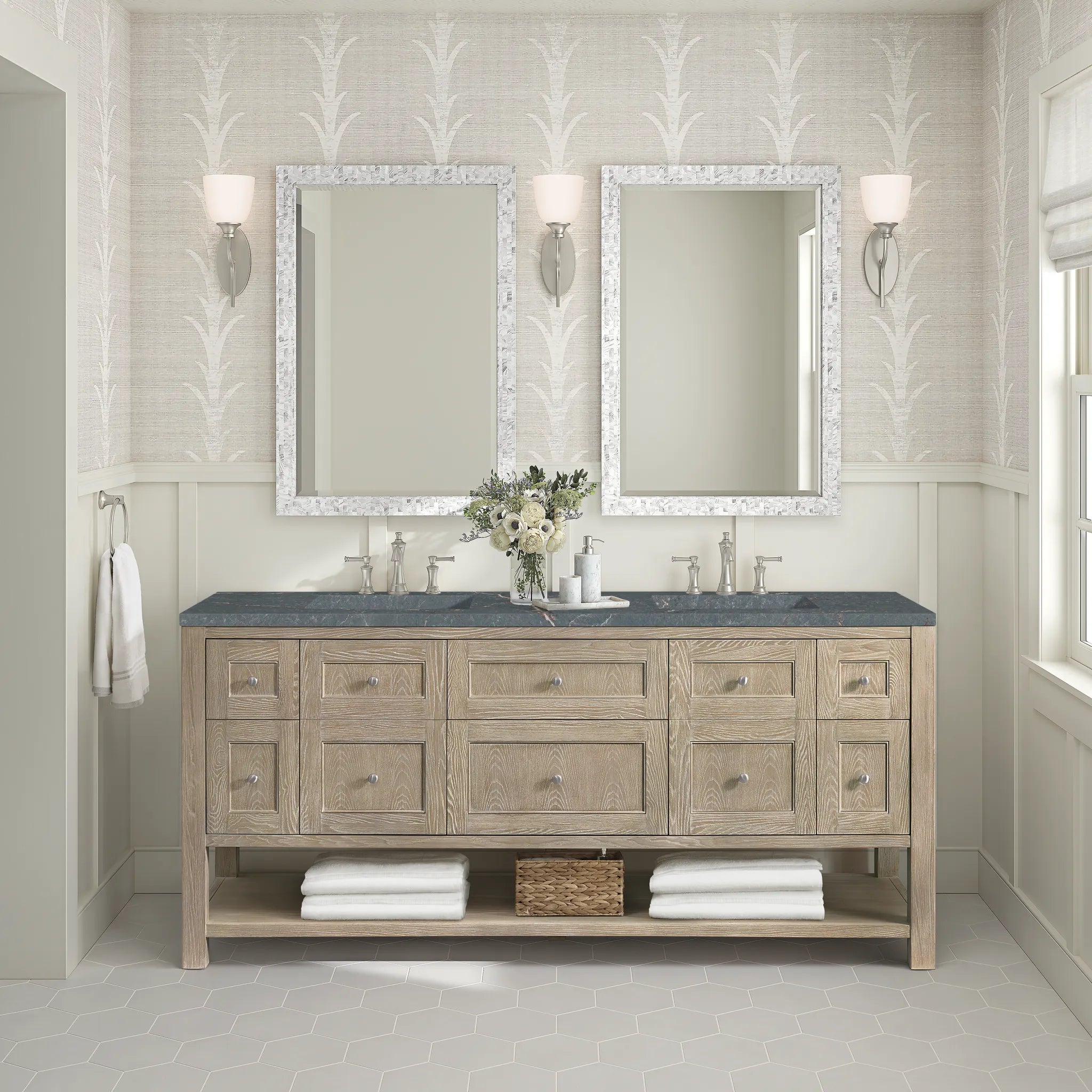 Breckenridge 72" Double Vanity in Whitewashed Oak Wireless Charger-Parisien Bleu Silestone-8" Widespread image 5