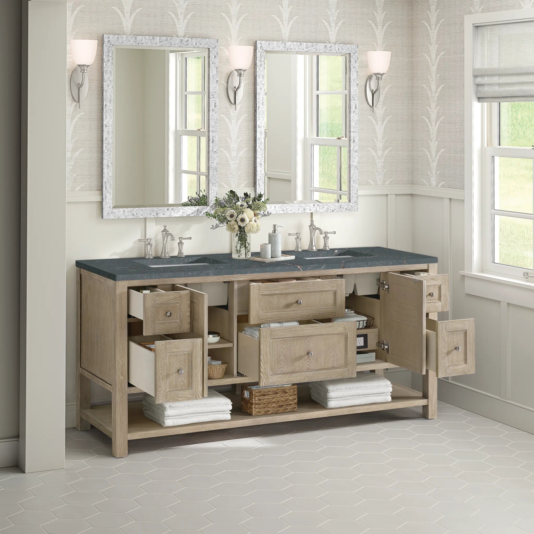 Breckenridge 72" Double Vanity in Whitewashed Oak Wireless Charger-Parisien Bleu Silestone-8" Widespread image 7